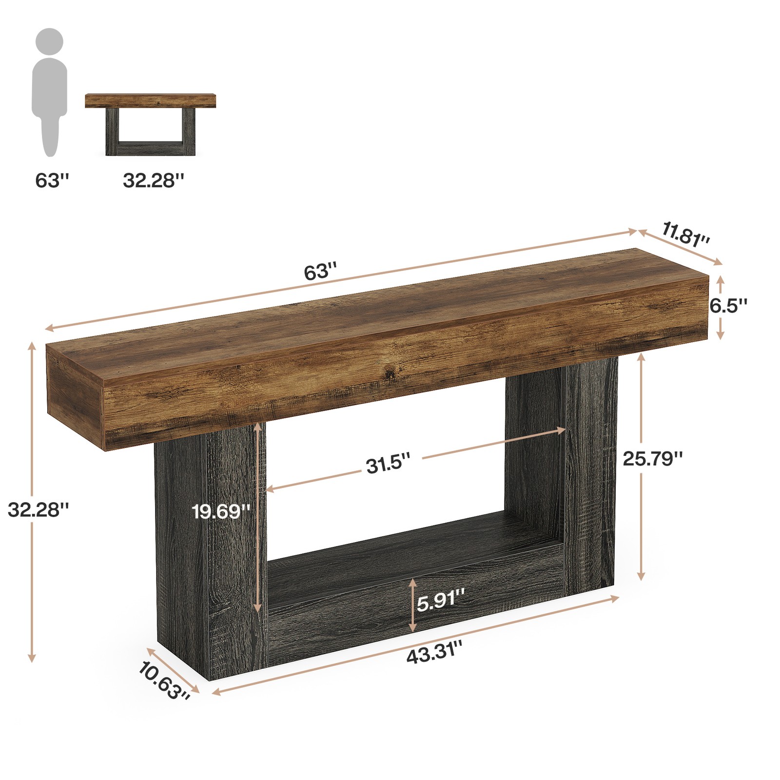 Tribesigns 63″ Console Table, Farmhouse 2-Tier Entryway Table with U-Shaped Base