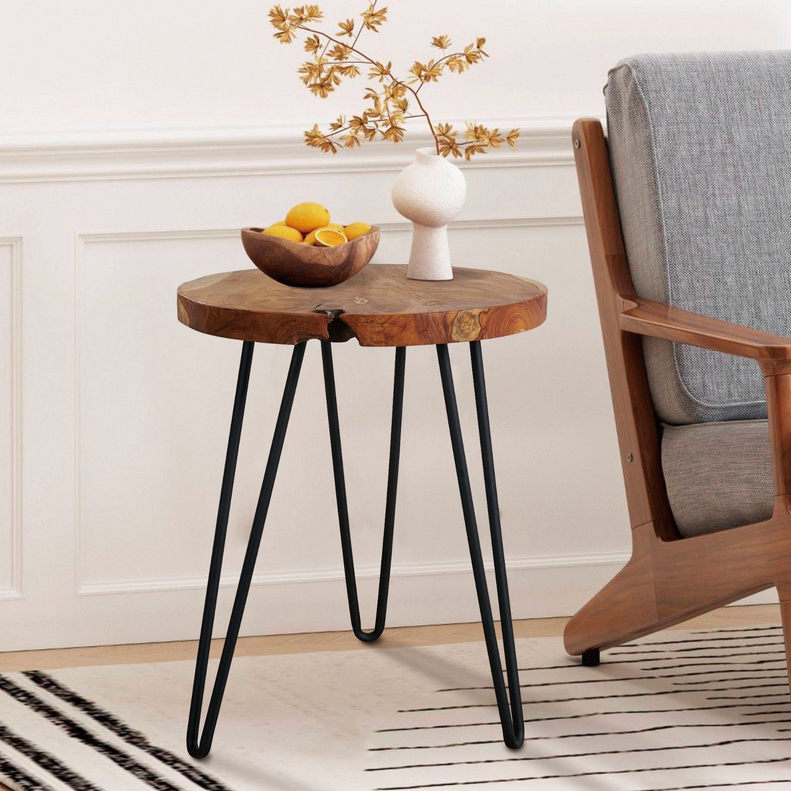 Greenage Rustic Teak Round End Table –Natural Wood Side Table Nightstand 21″ H