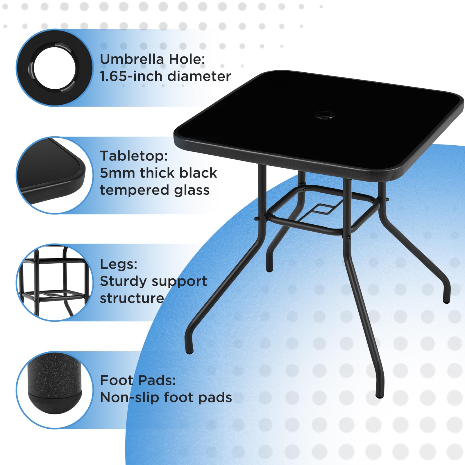 Outdoor Bistro Table with Umbrella Hole, 28in Patio Square Dining Table, Black
