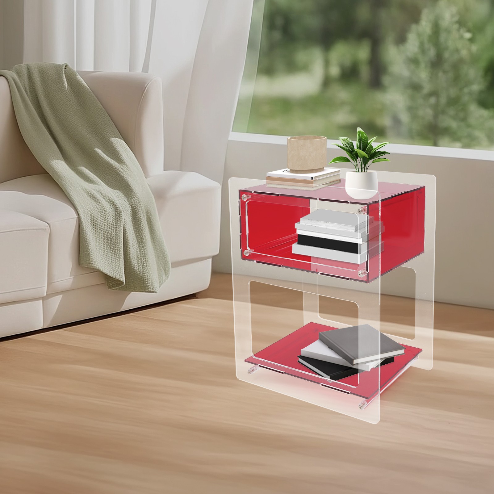 Red Acrylic Side Table, 20kg Max. Load Nightstand, 50cm Rectangle Storage Shelf