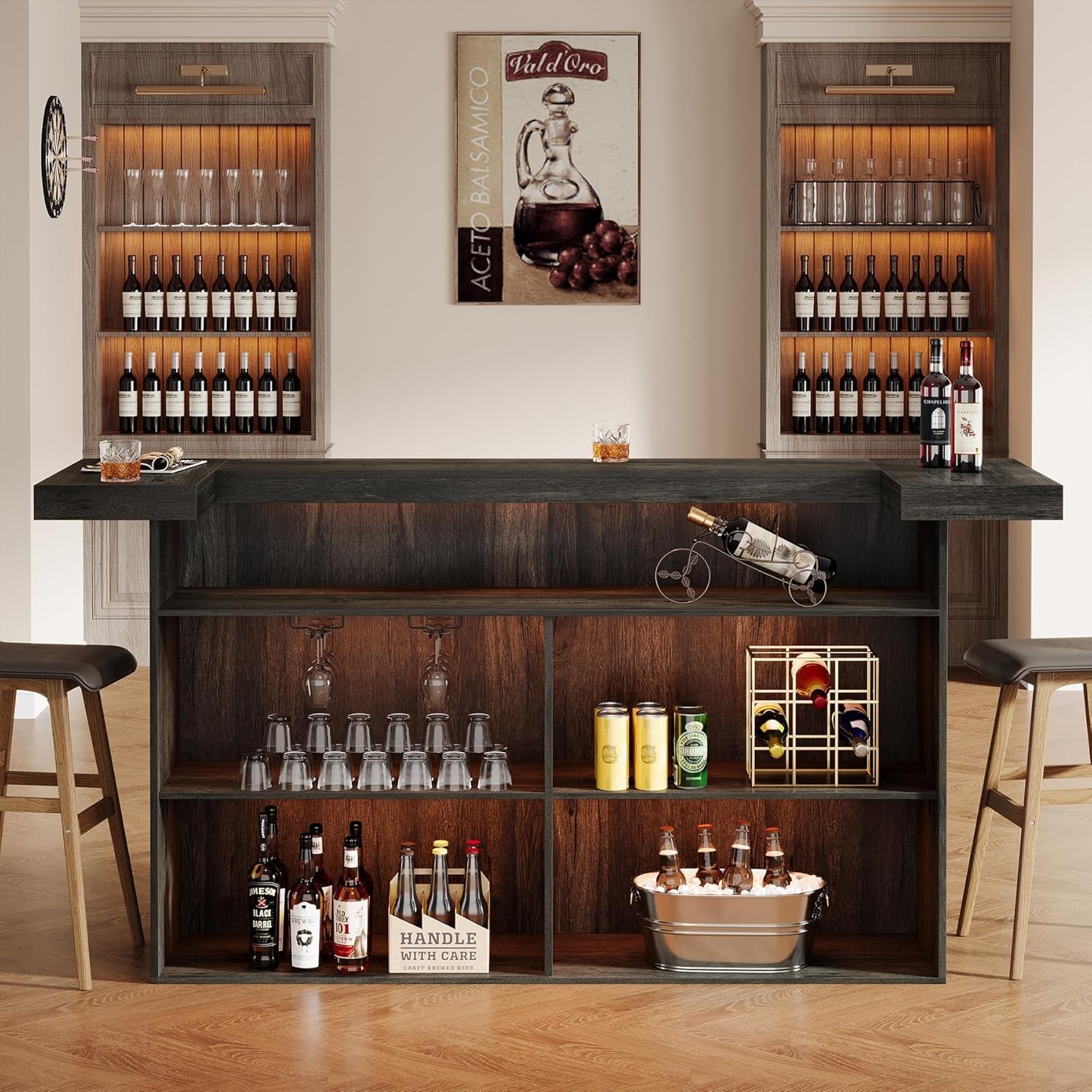 70.9-Inch Large Bar Table Industrial Wooden Home Bar Unit with Storage Shelves