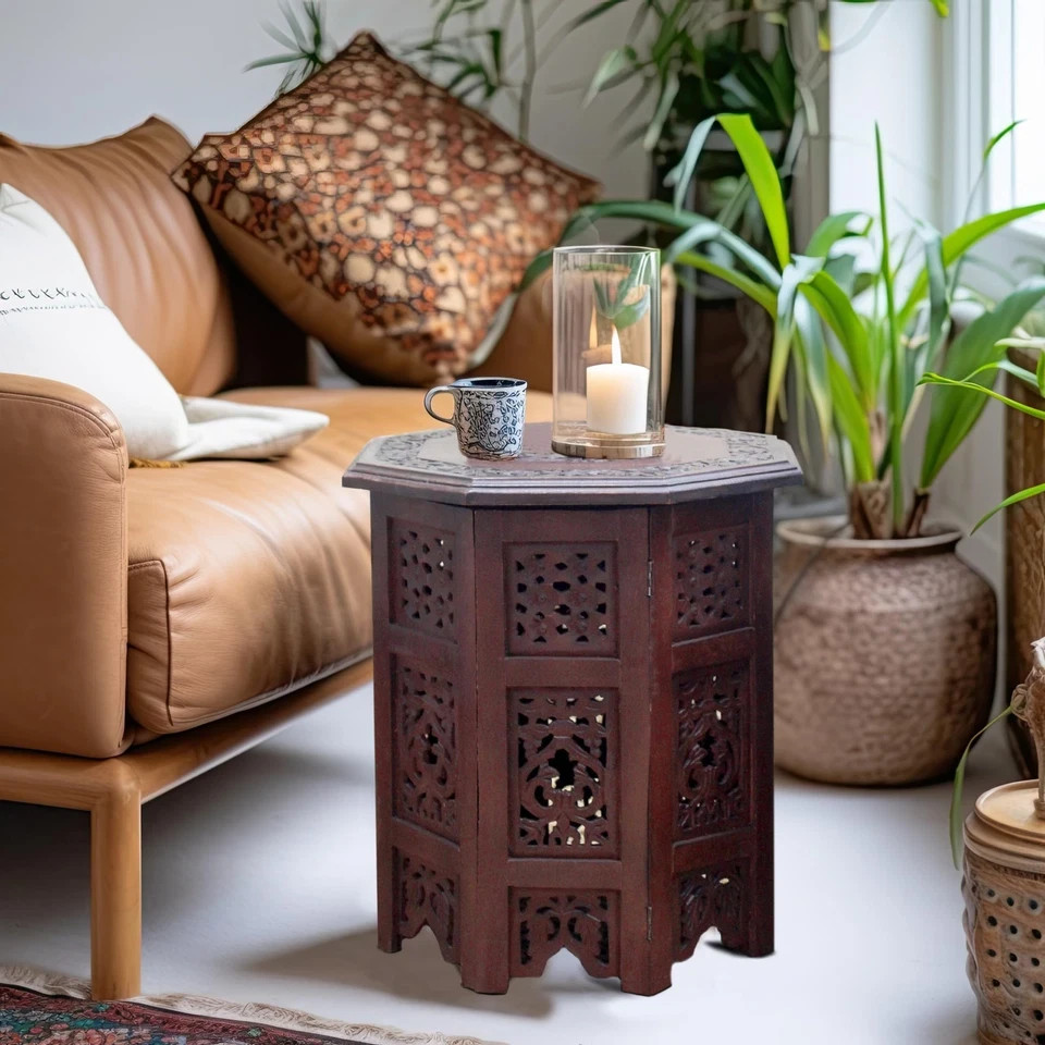 Accent End Table Solid Wood Hand Carved Folding 18×18 Brown Vintage Boho