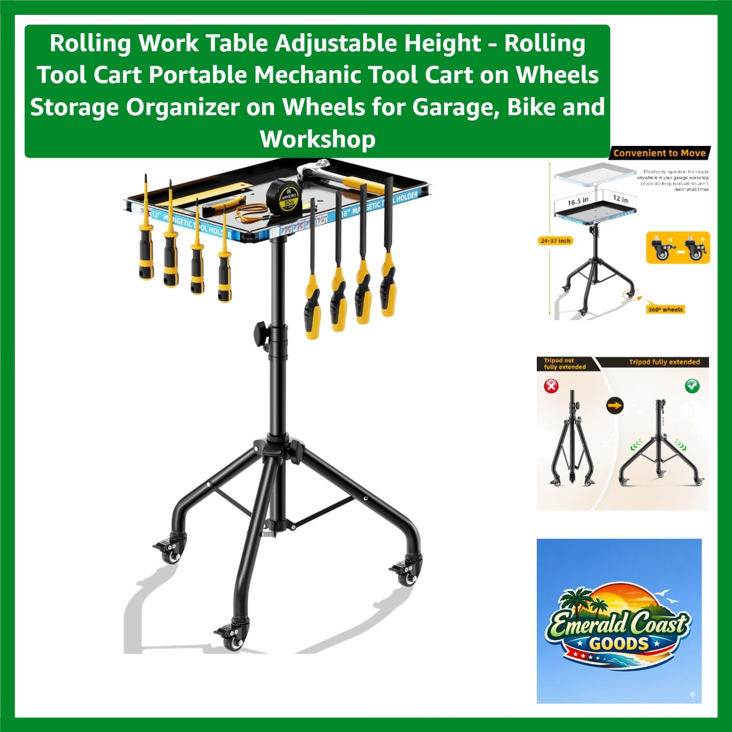Mobile 360° Rolling Work Table with Magnetic Tray – Versatile Garage Organizer