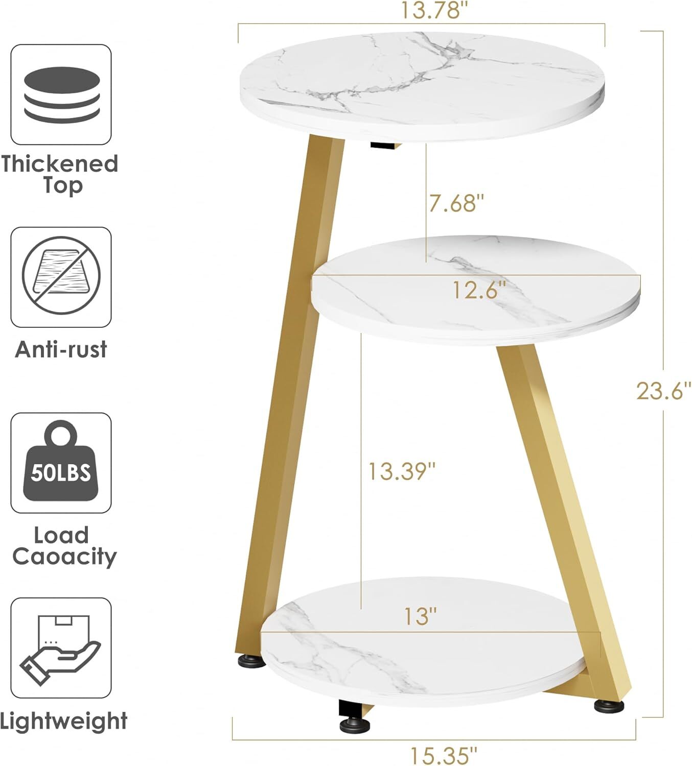 Living Room Bedroom Nightstand Gold White Tall Stand