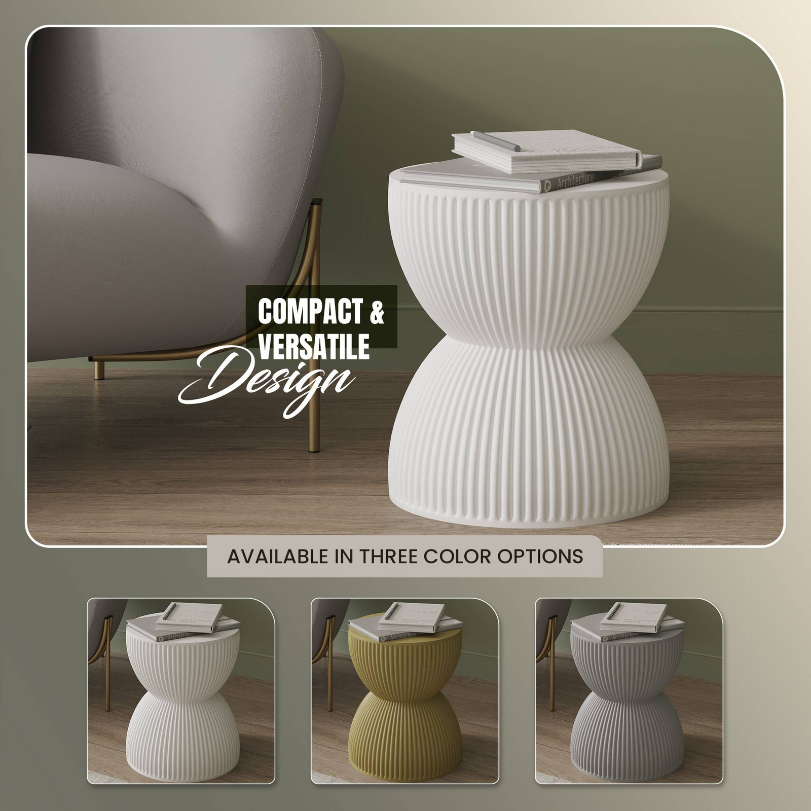 LeisureMod 15″ Round Fiberstone Side Table Hourglass Design in White