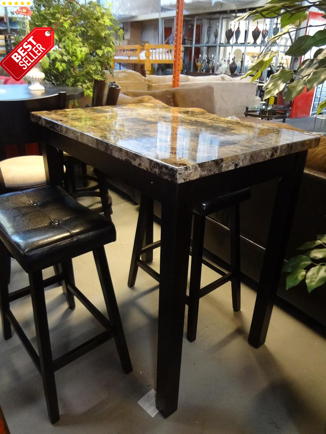 3pc Counter Height Marble Print Dining Table Set Glossy Top Stools – US