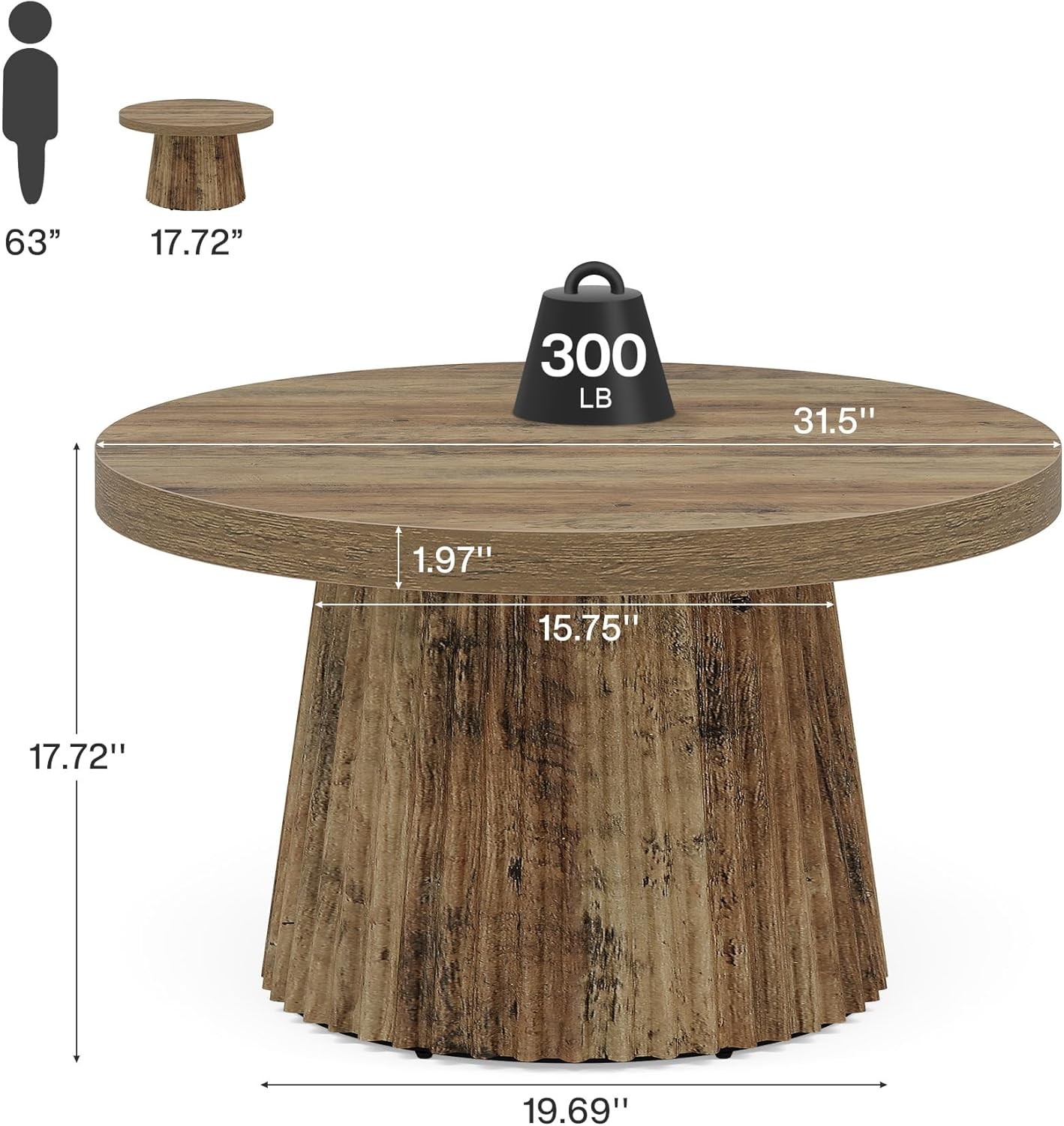 31.5-Inch Round Coffee Table Farmhouse Accent Center Tea Table with Fluted Base
