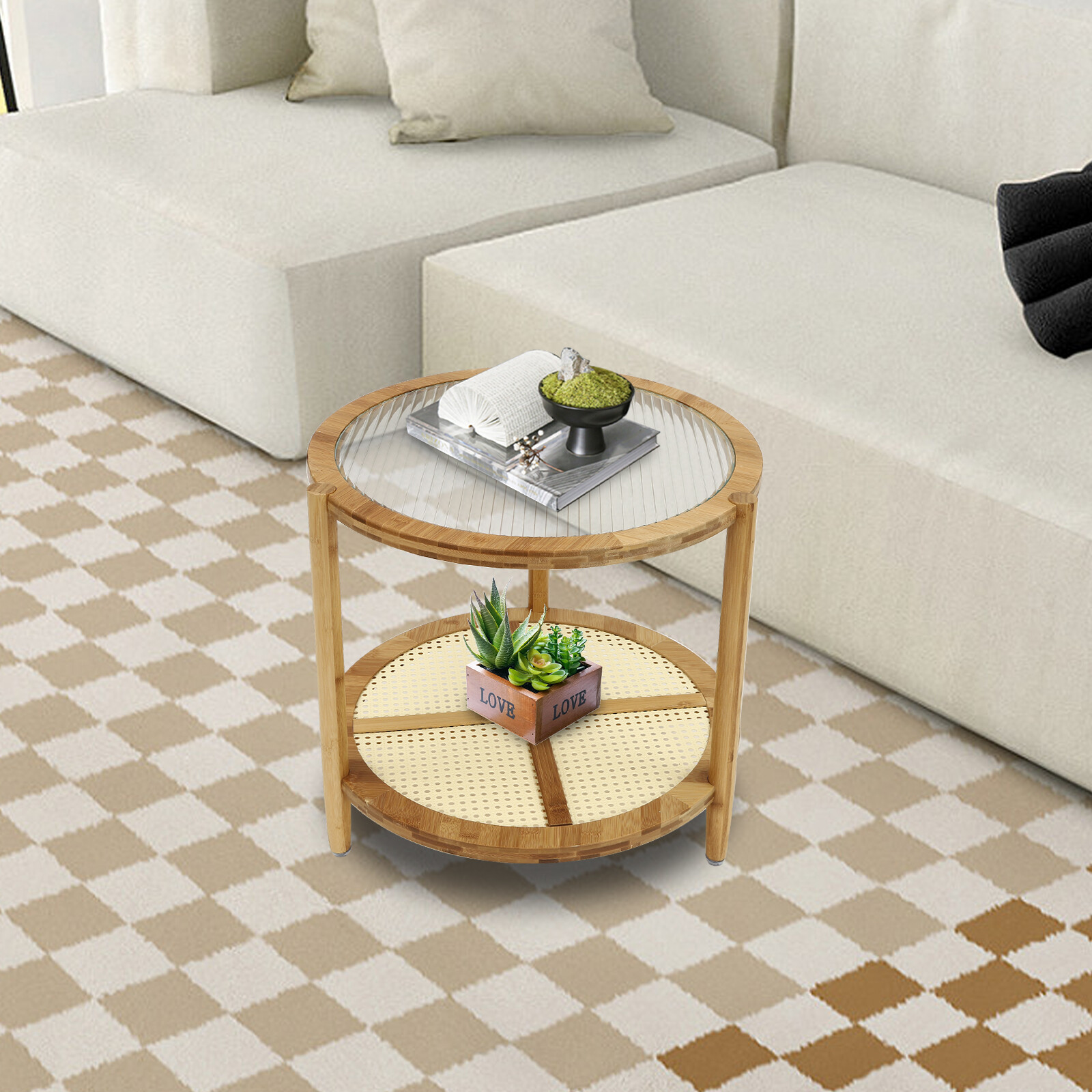Round Coffee Table,Wood Living Room Table 2 Tiers Indoor End Table Free Standing