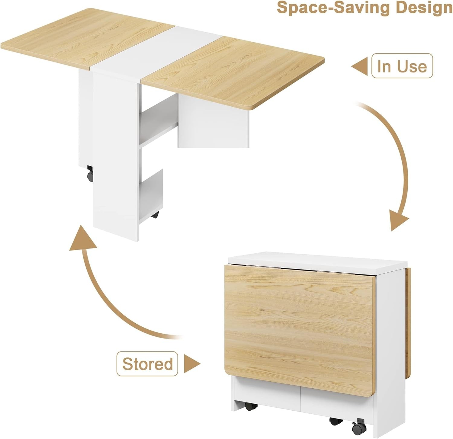 Folding Dining Table with 6 Wheels Storage Racks for Small Kitchen Saving Space