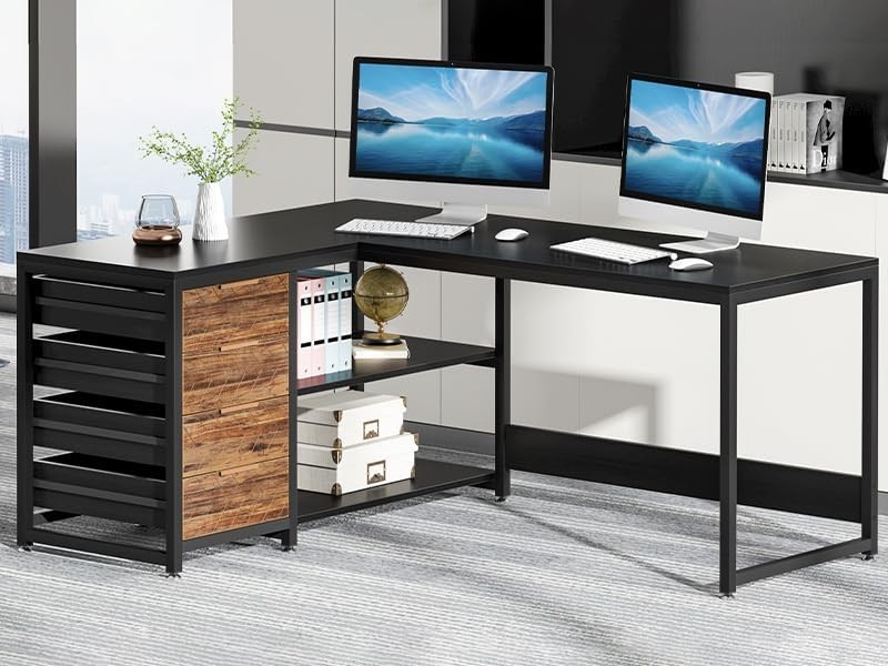 L Shaped Desk with 4 Drawers and 2 Storage Shelves, Reversible Computer Desk
