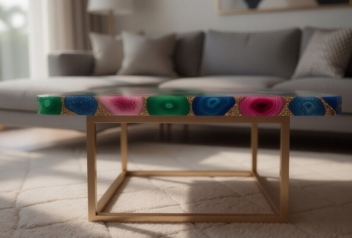 Luxury Multicolor Agate Coffee Table – Handmade Gemstone Center Table for Home