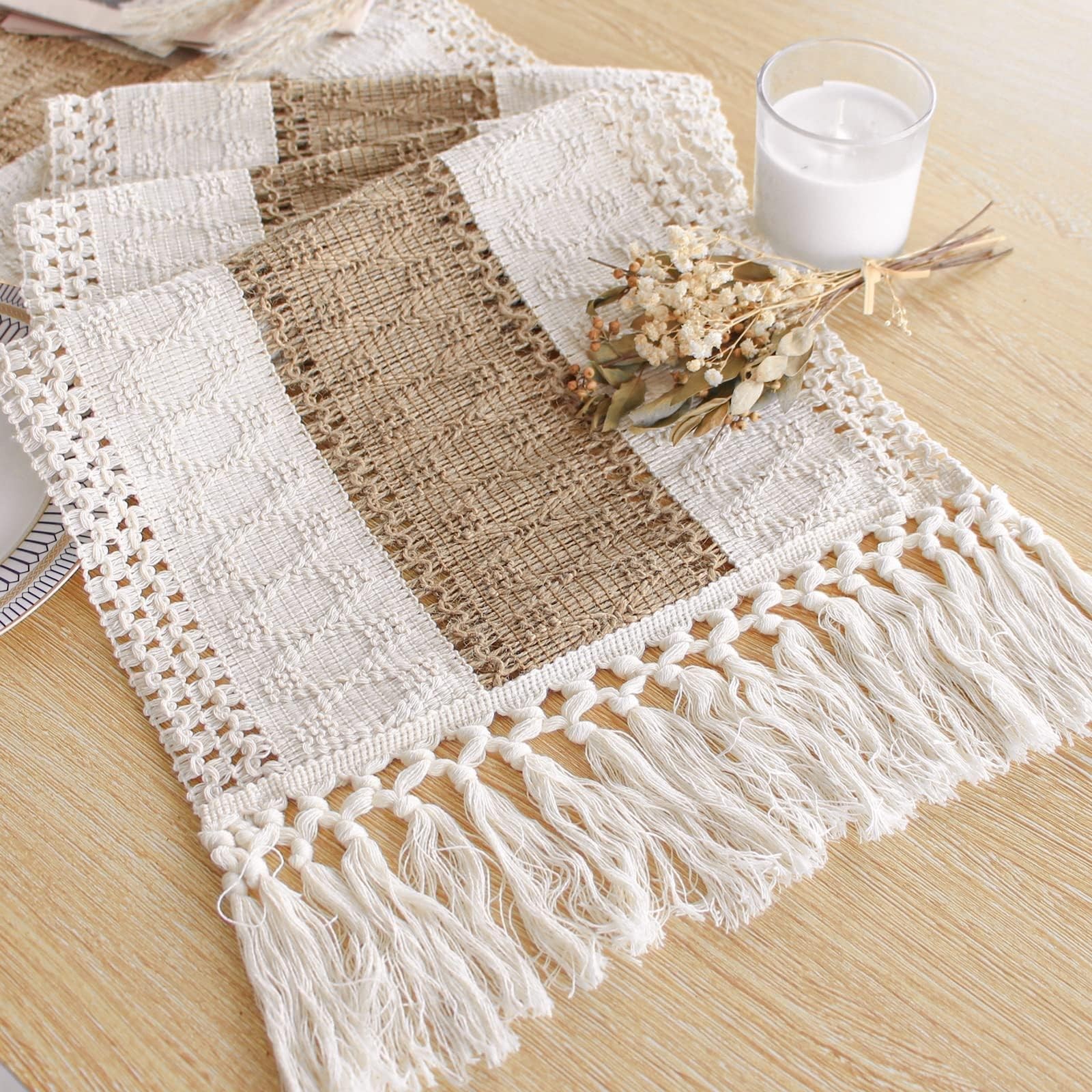 FEXIA Boho Table Runner for Home Decor with Tassels 72 Inches 12×72″, Brown