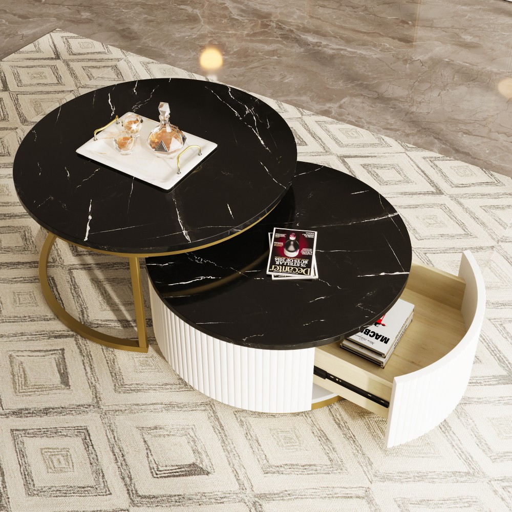Round Nesting Coffee Table with Grooved Drawers