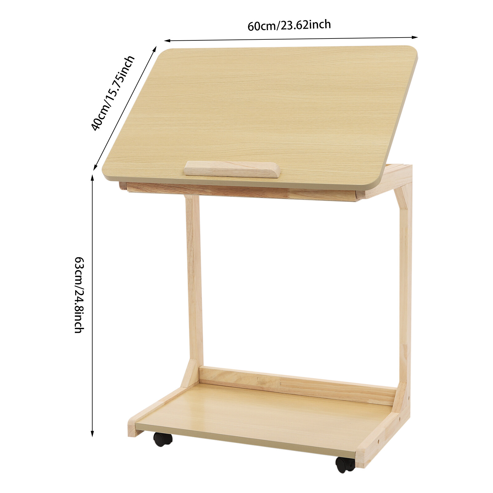 2 Tiers 23.62*15.75*24.8in MDF& Solid Wood C Shaped End Table With 4 Wheels