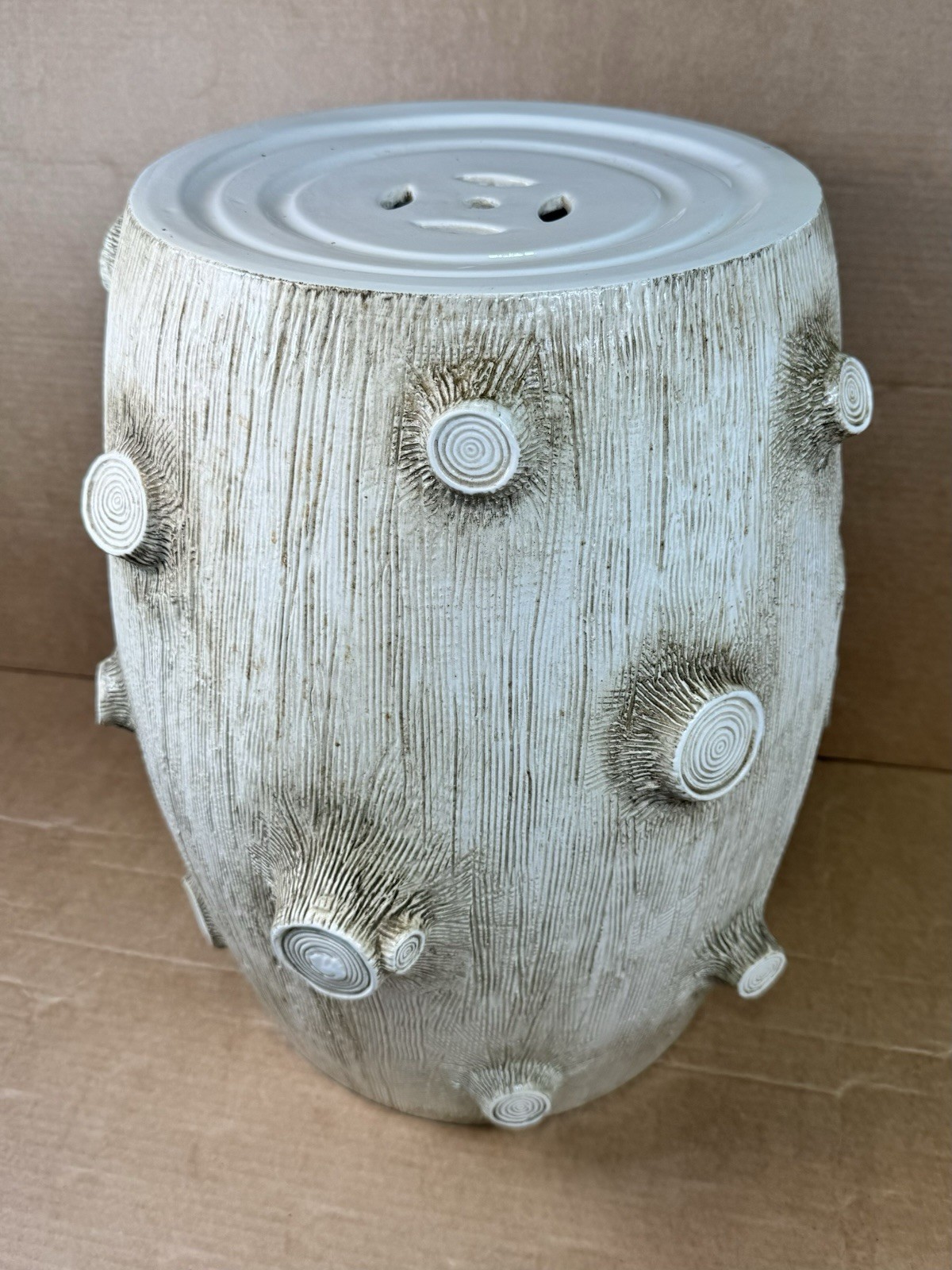 Ceramic Tree Stump Garden Stool Side Table White Textured Rustic Organic Natural