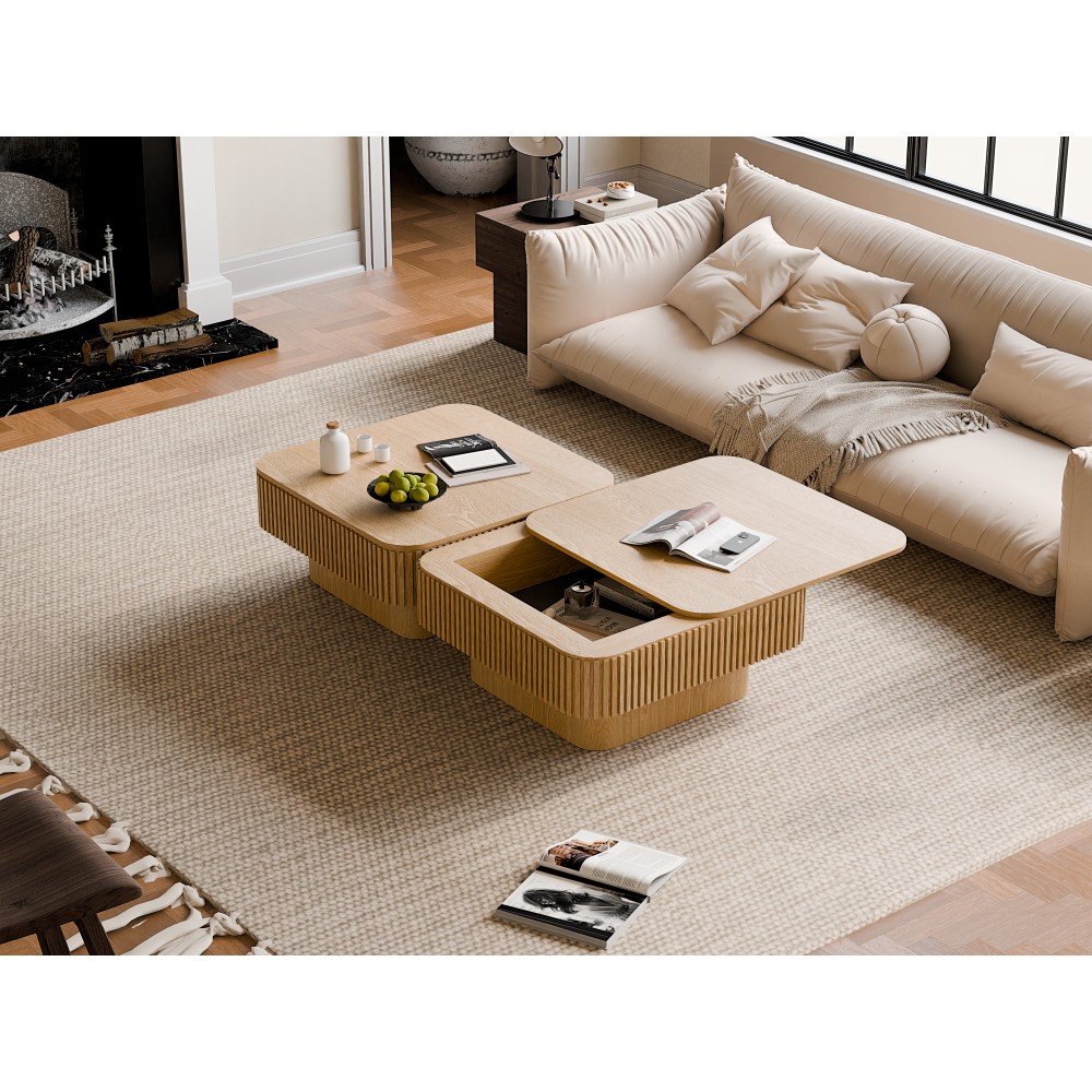 31.5” Square Coffee Table with Storage Solid Wood Veneered, Natural Wood