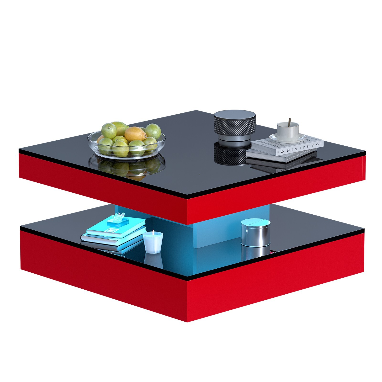 Red LED Coffee Table for Living Room 2-Tier Square Center Table Modern High Glos