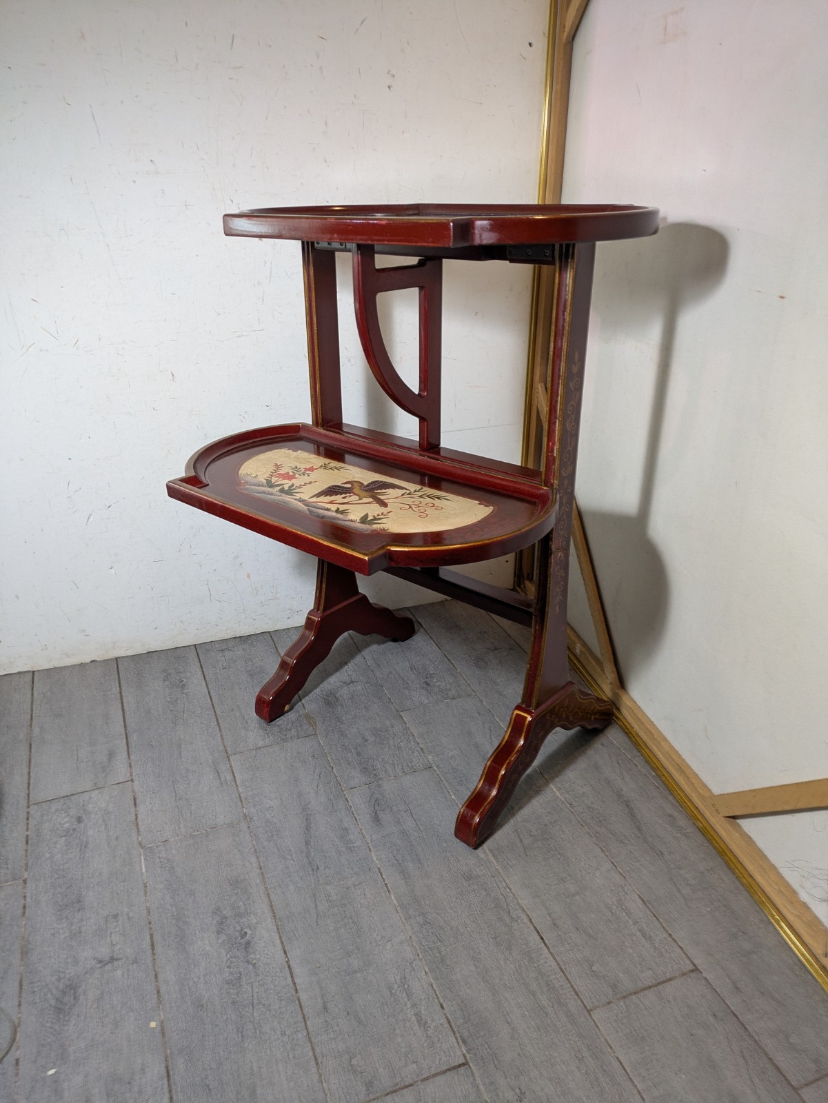 Vintage Asian Chinoiserie Folding Butler Tray Table Hand Painted Birds Red/Gold