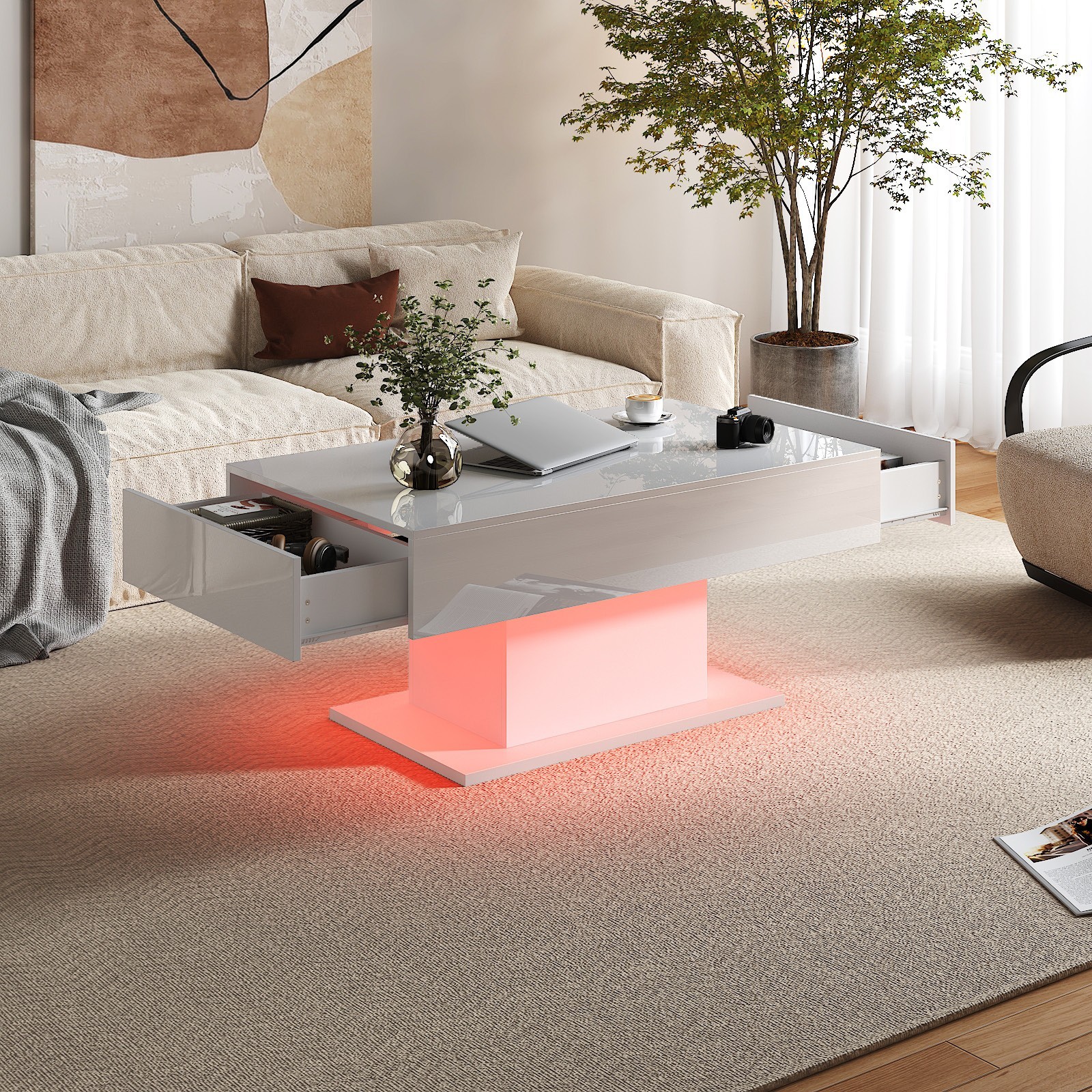 High Glossy Led Coffee Table with 2 Storage Drawers for Living Room Center Table