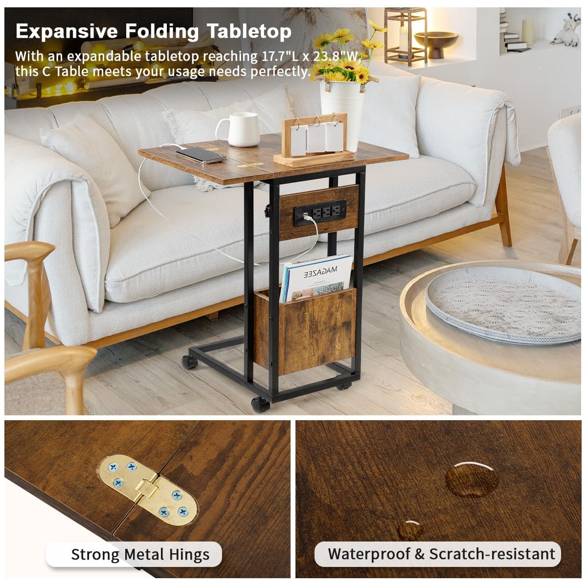 C Shaped End Table with Charging Station & Foldable Tabletop, Folding TV Tray…