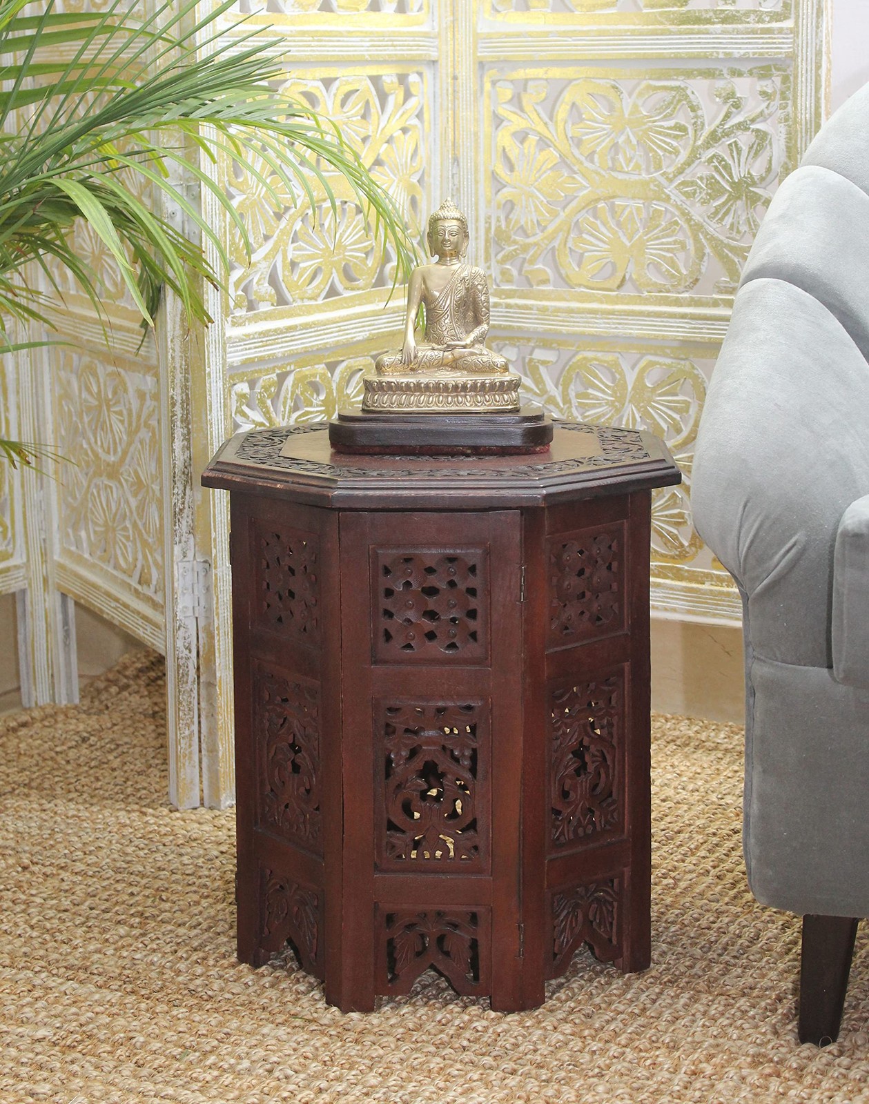 Accent End Table Solid Wood Hand Carved Folding 18×18 Brown Vintage Boho