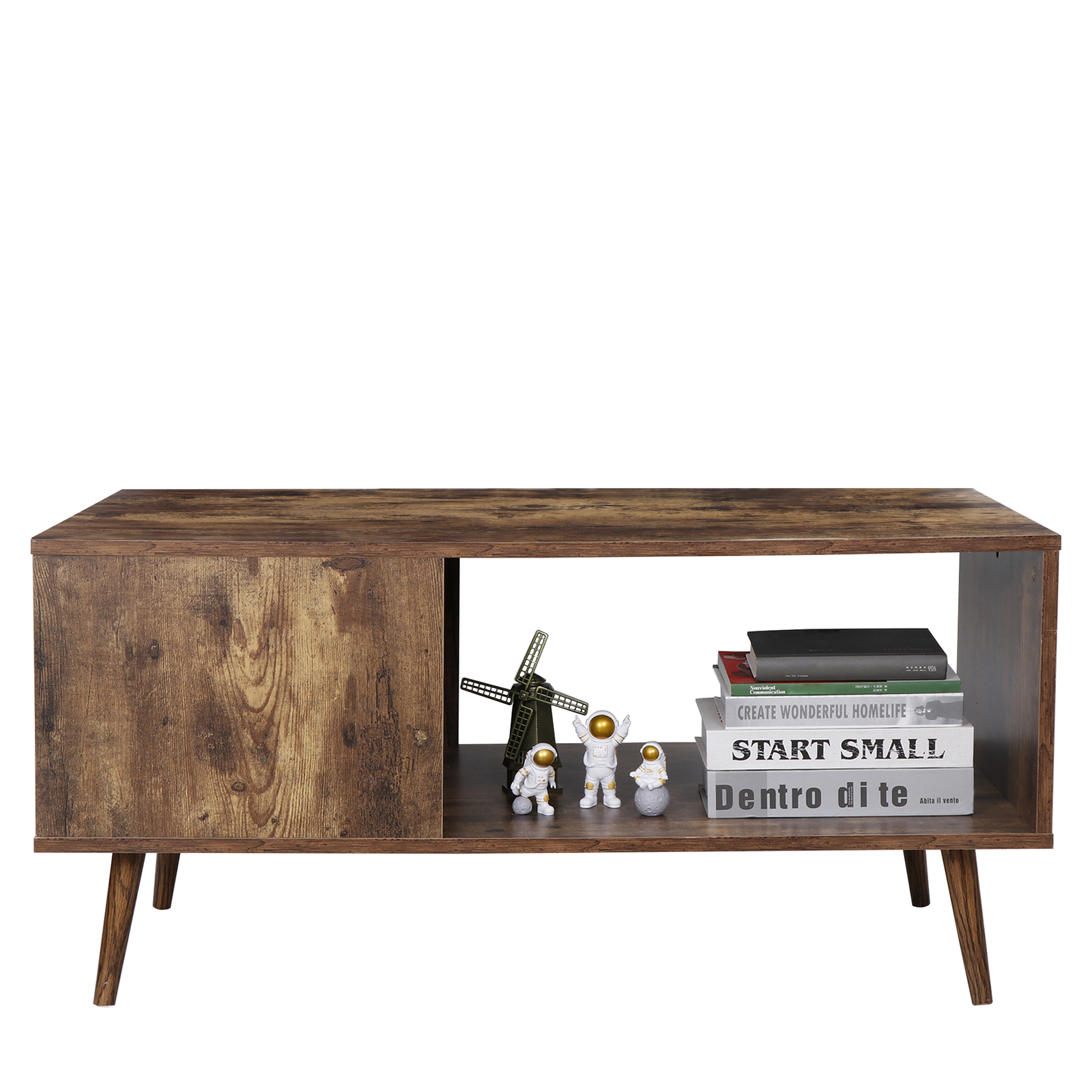 Retro Rectangular Coffee Tea Table Wooden Open Storage Shelf For Living Room