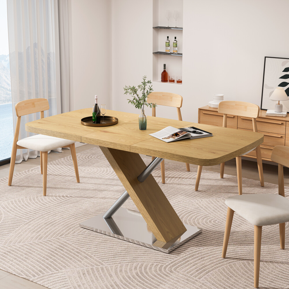 Dining Table, Original Wood Color, Seating 4-6, Retractable Table, Metal Base