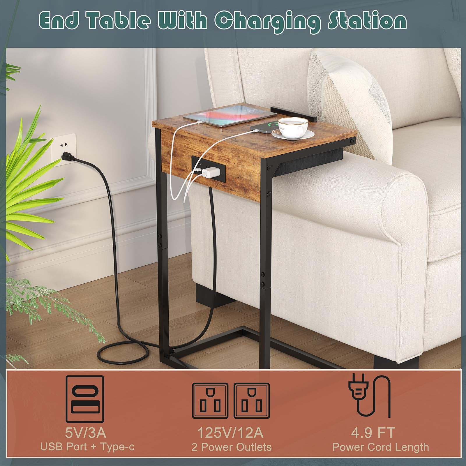 C Shaped End Table with Charging Station, 45° Tiltable Adjustable Flip Top Ta…