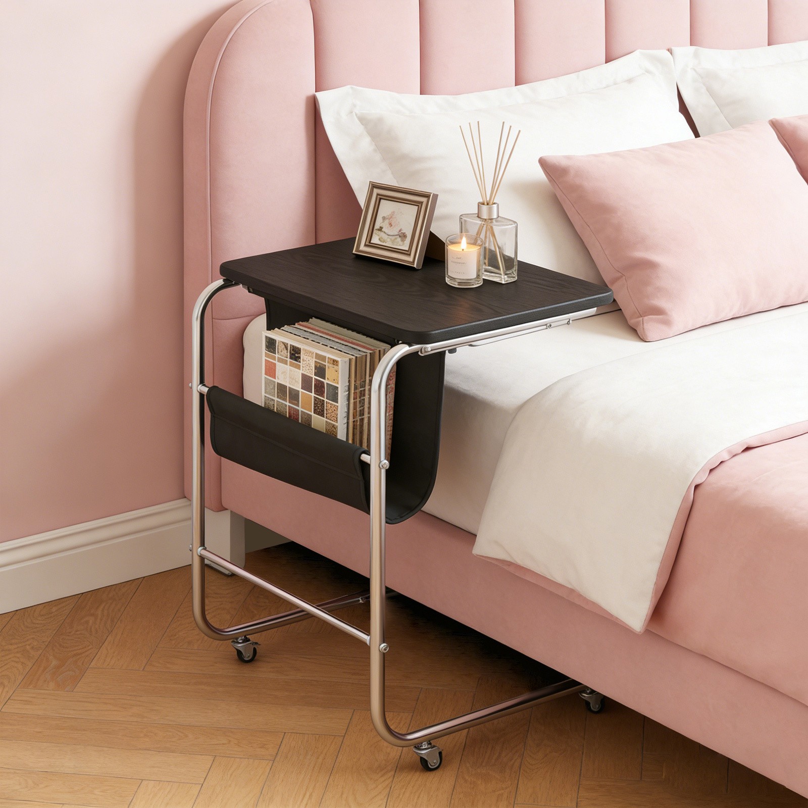 Sofa Side Table,Black C-Shaped End Table with Universal Wheels,cafes End Table