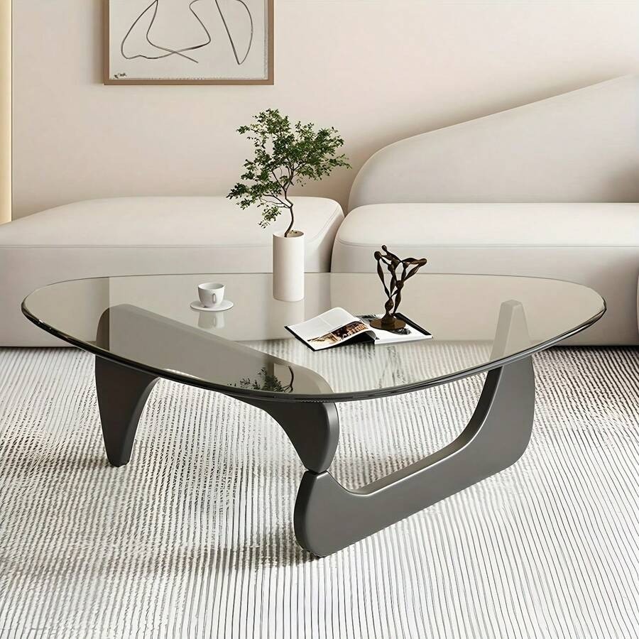 Walnut Wood & Glass Coffee Table, Triangular/Oval Modern Living Room Table