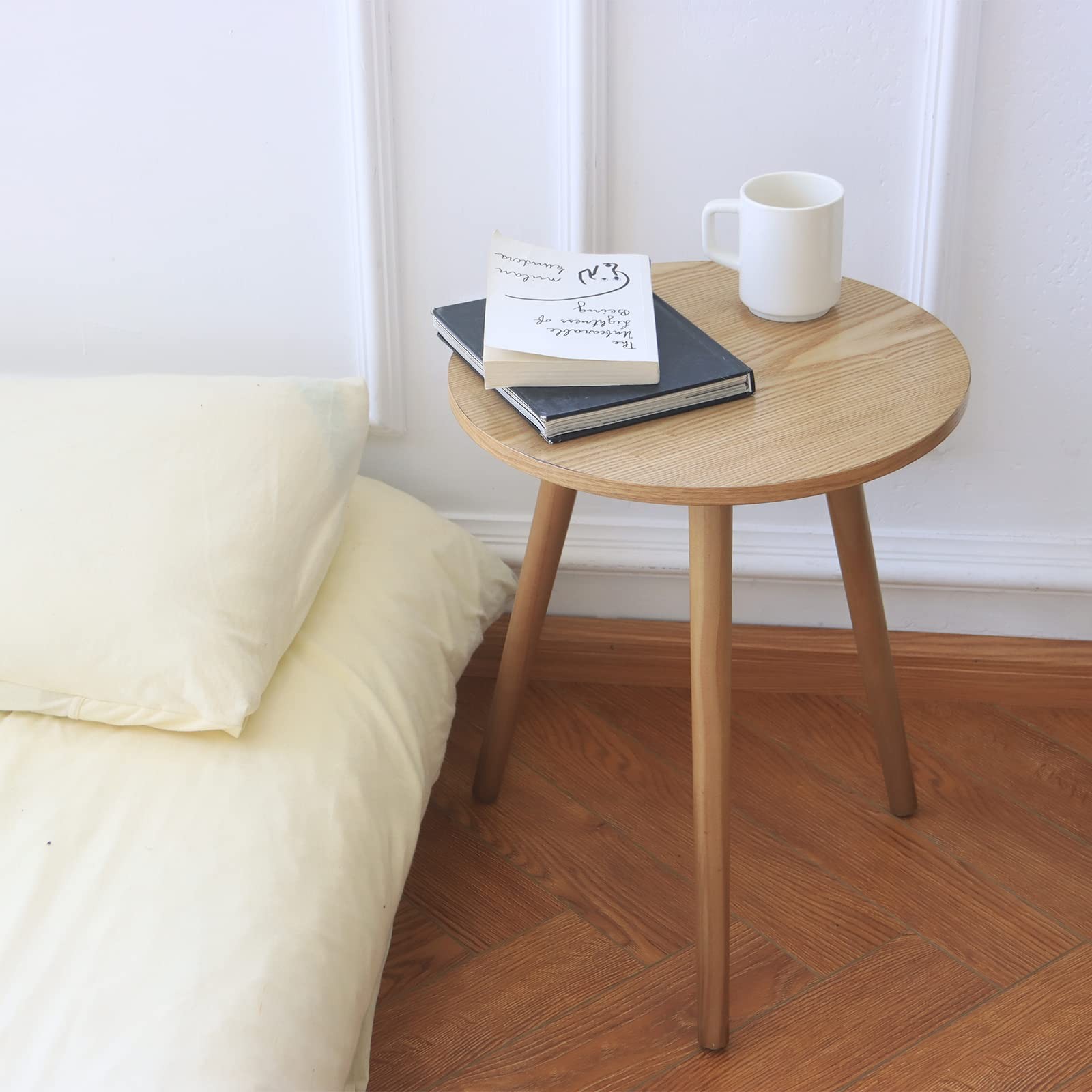 AWASEN Side Table Round, Small Accent 16 in x 16 x 19.5 in, Natural Walnut