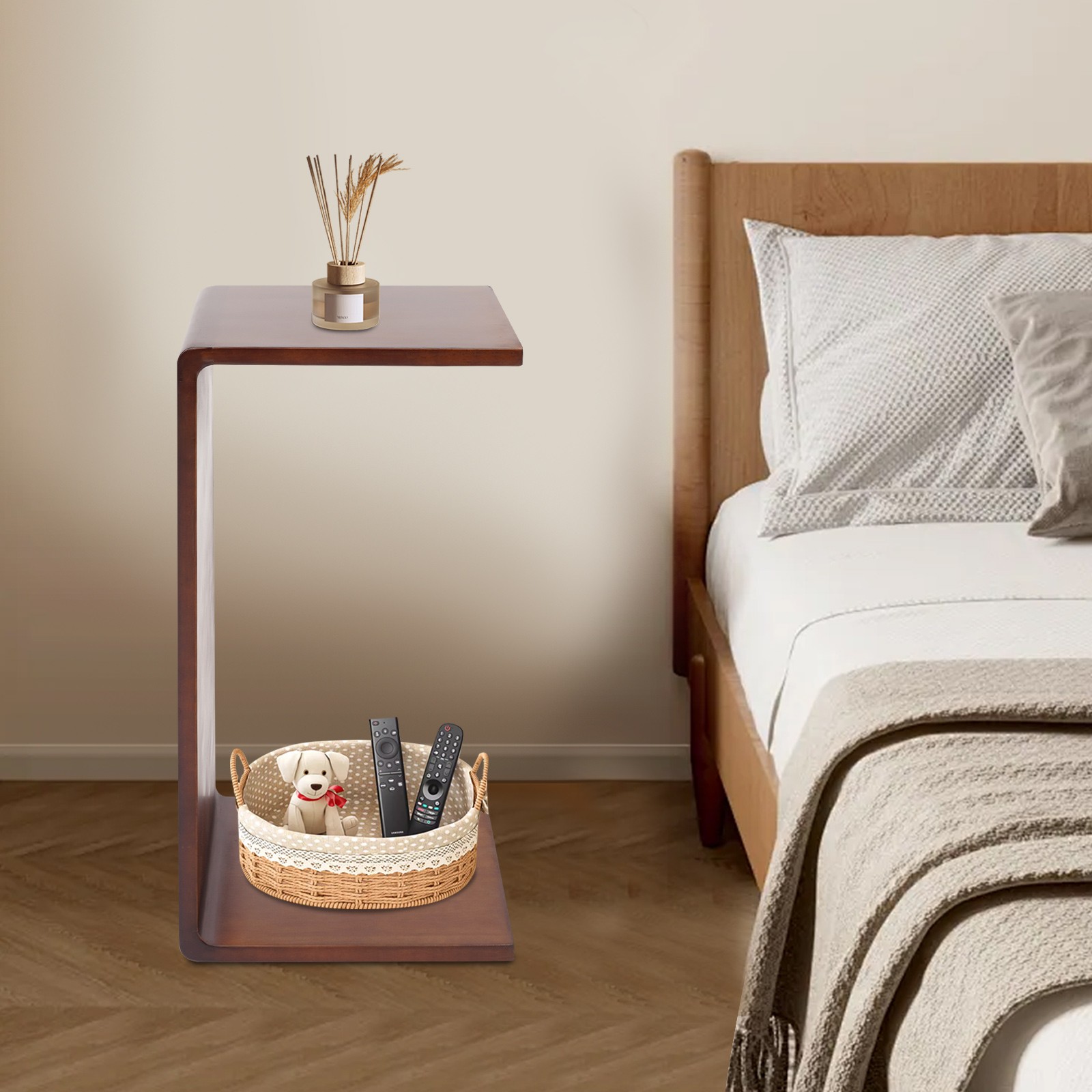 12*12*24in Free Standing Wood End Table C Shaped Sofa Side Table Walnut Brown
