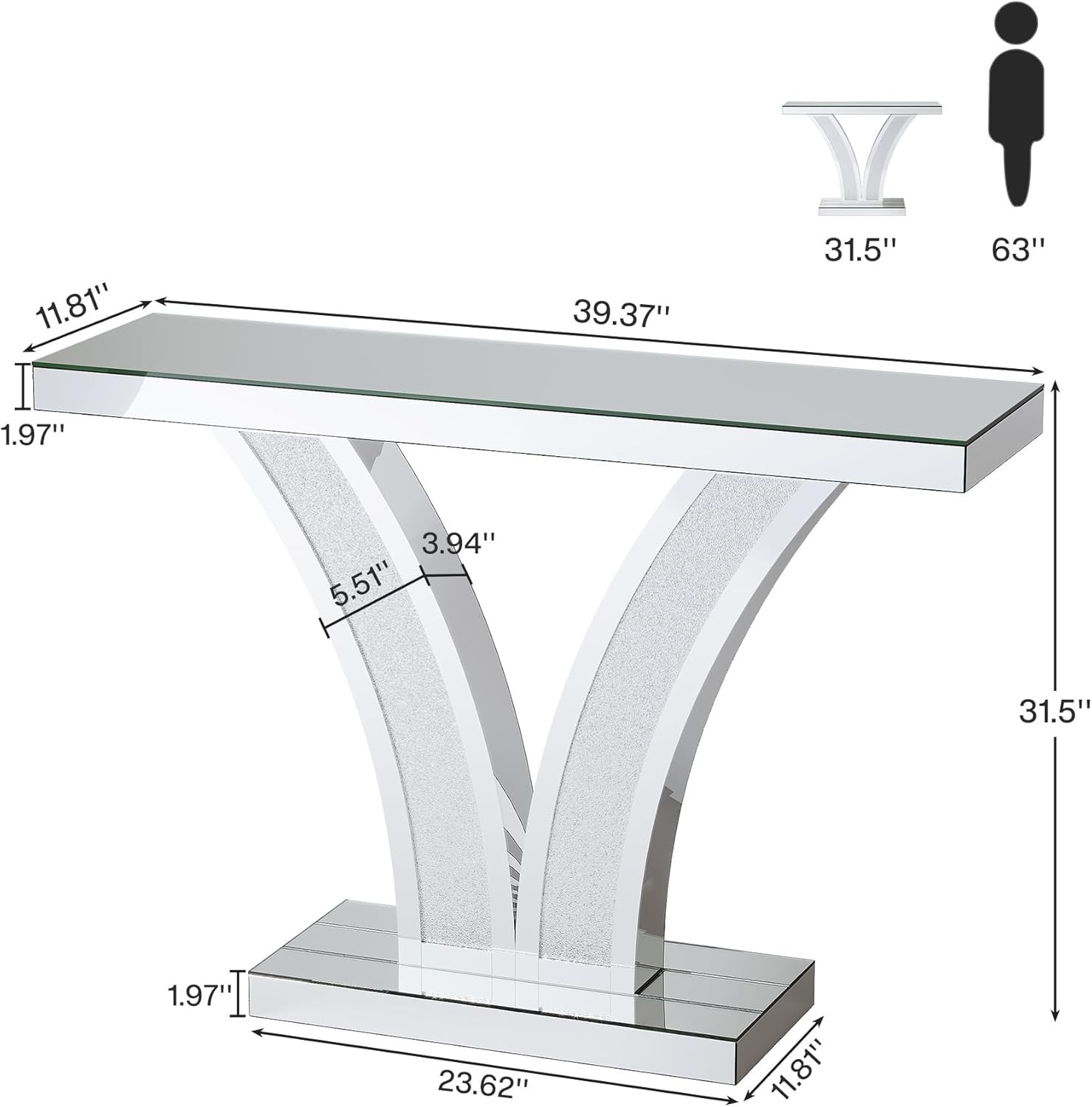 40″Sliver Mirrored Console Table, Modern Entryway Sofa Table with Crystal Frames