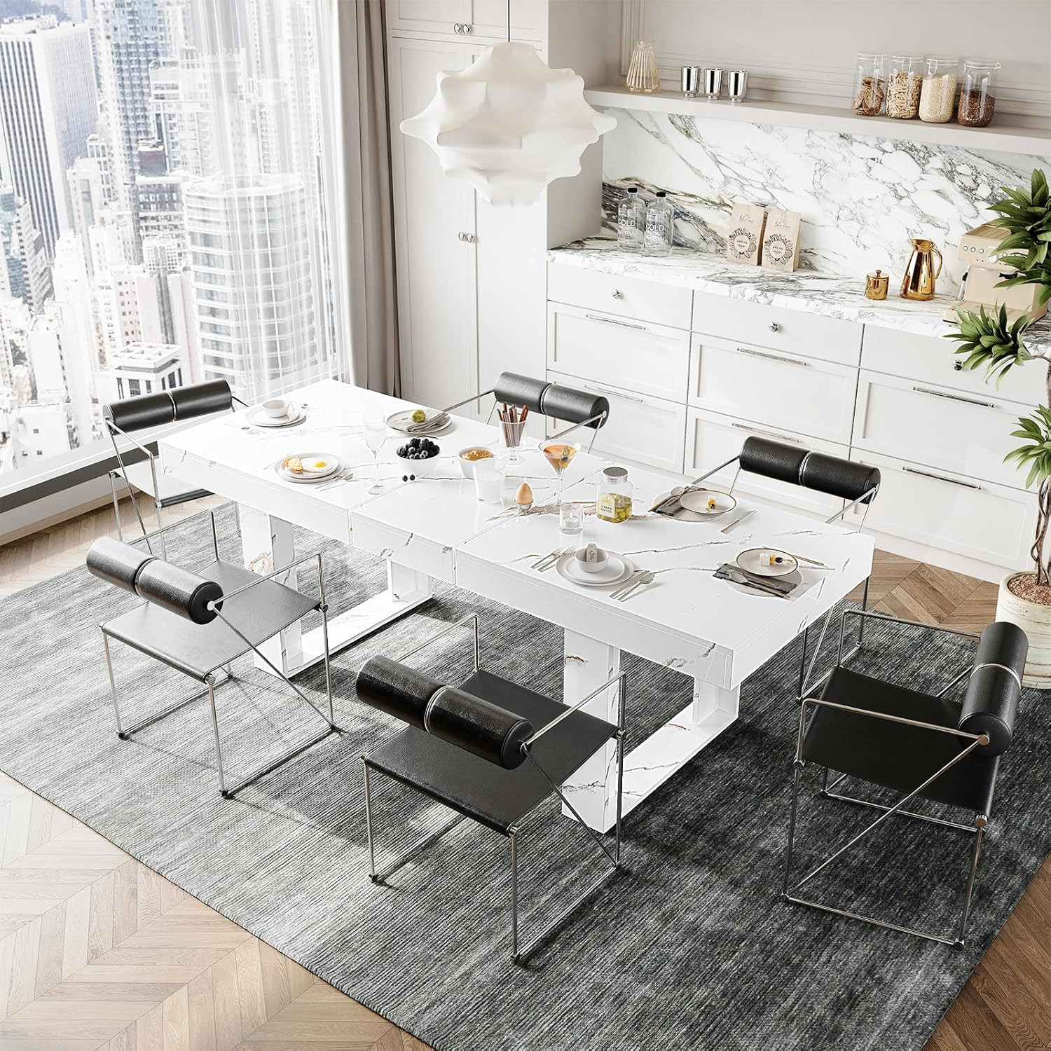 STHOUYN White Marble Extendable Dining Room Table for 8 10, 70.9″ (86.6″) X 31.5