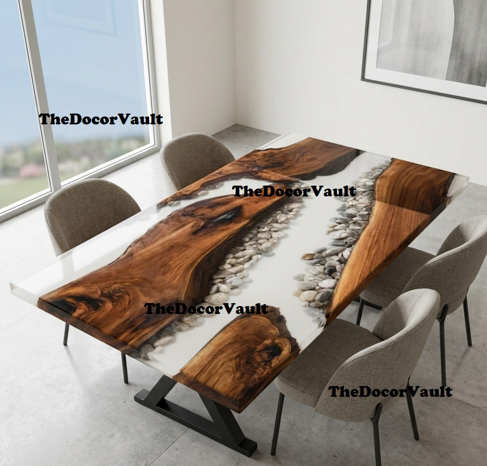 Solid Walnut Epoxy River Dining Table White Resin Pebble Inlay Live Edge Wood