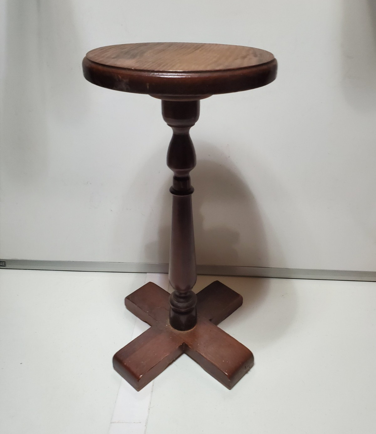 Round Dark Wood Pedestal Plant Stand Table with Cross Base, Brown Solid