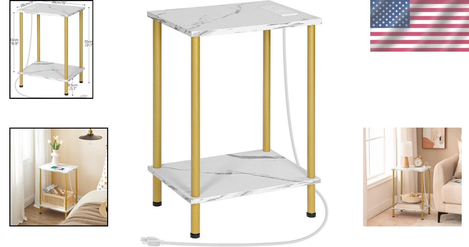 Modern 2-Layer Side Table with Gold Finish and Built-in Charging for Any Room