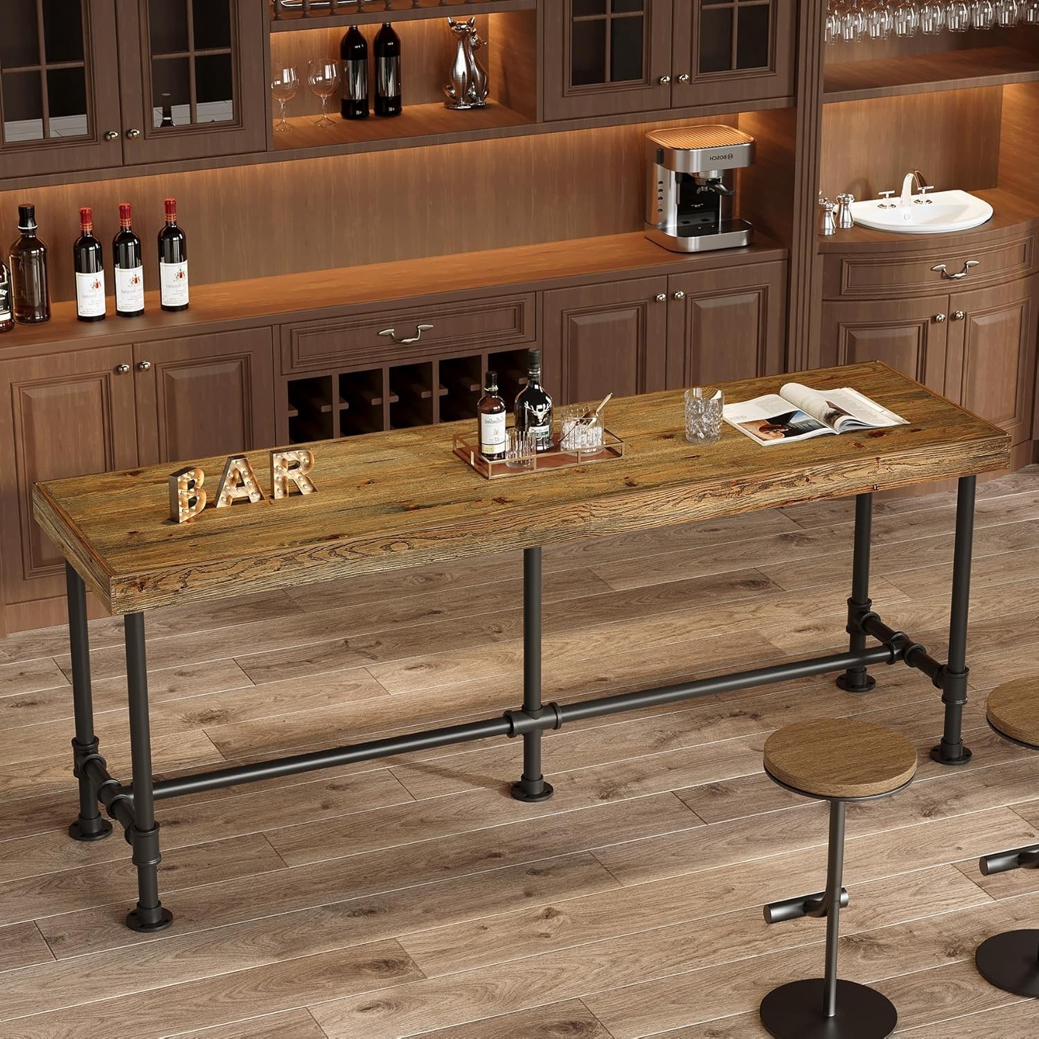 70.9” Solid Wood Bar Table Industrial Narrow High Top Bar Unit for 6-8 People
