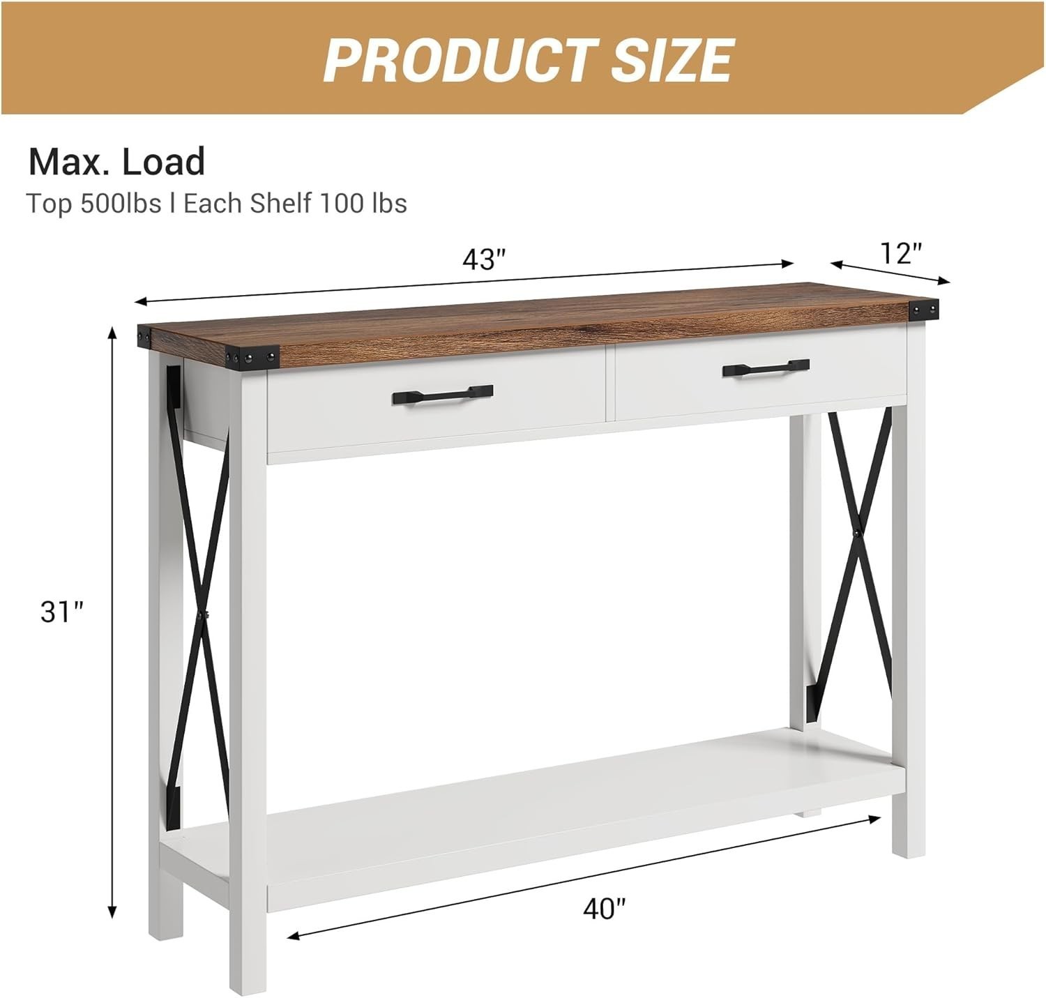 Console Table Open Shelf Accent Entryway Narrow Behind Sofa Table with 2 Drawer