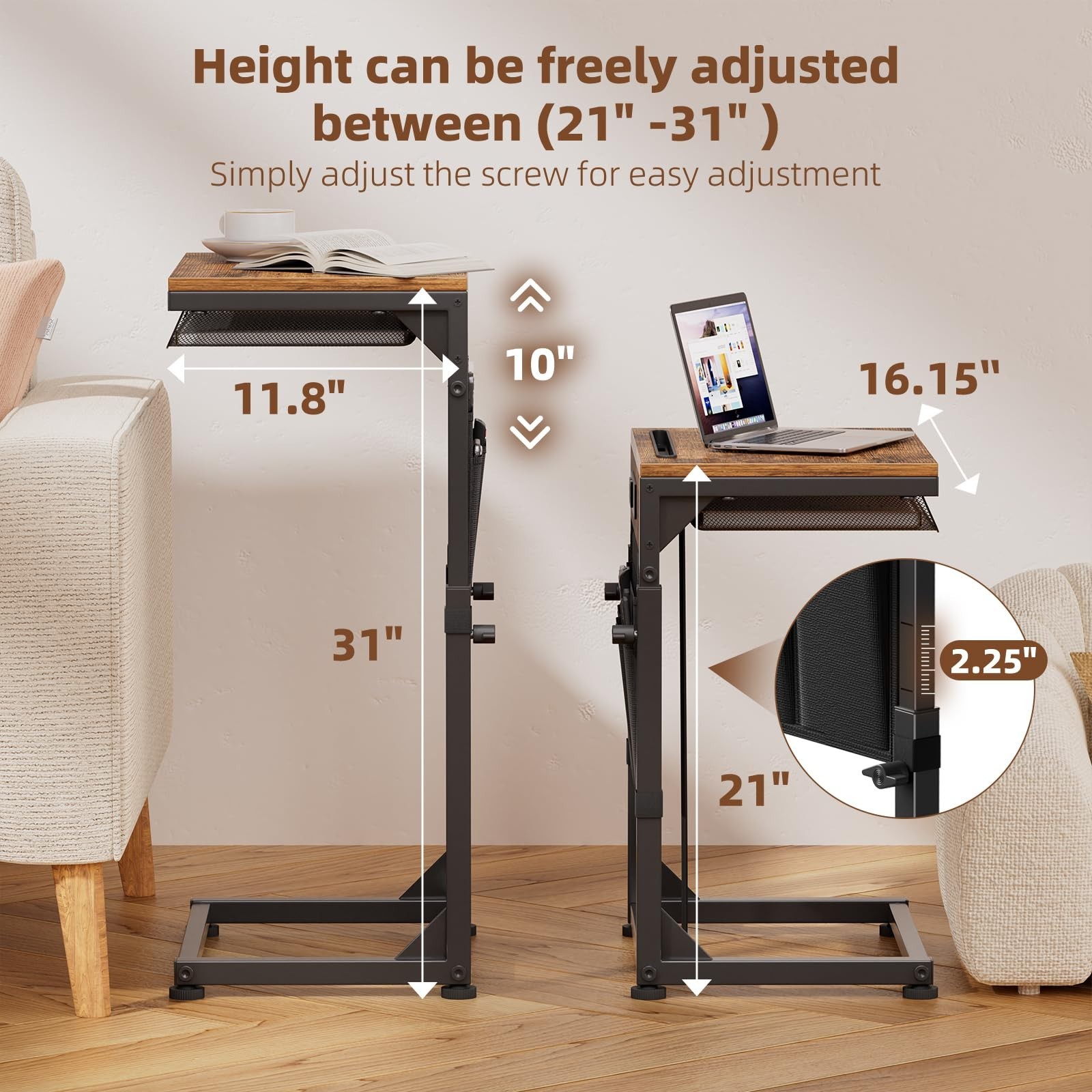 C Shaped Side Table with Charging Station, Adjustable Height, Rustic Brown, Stor