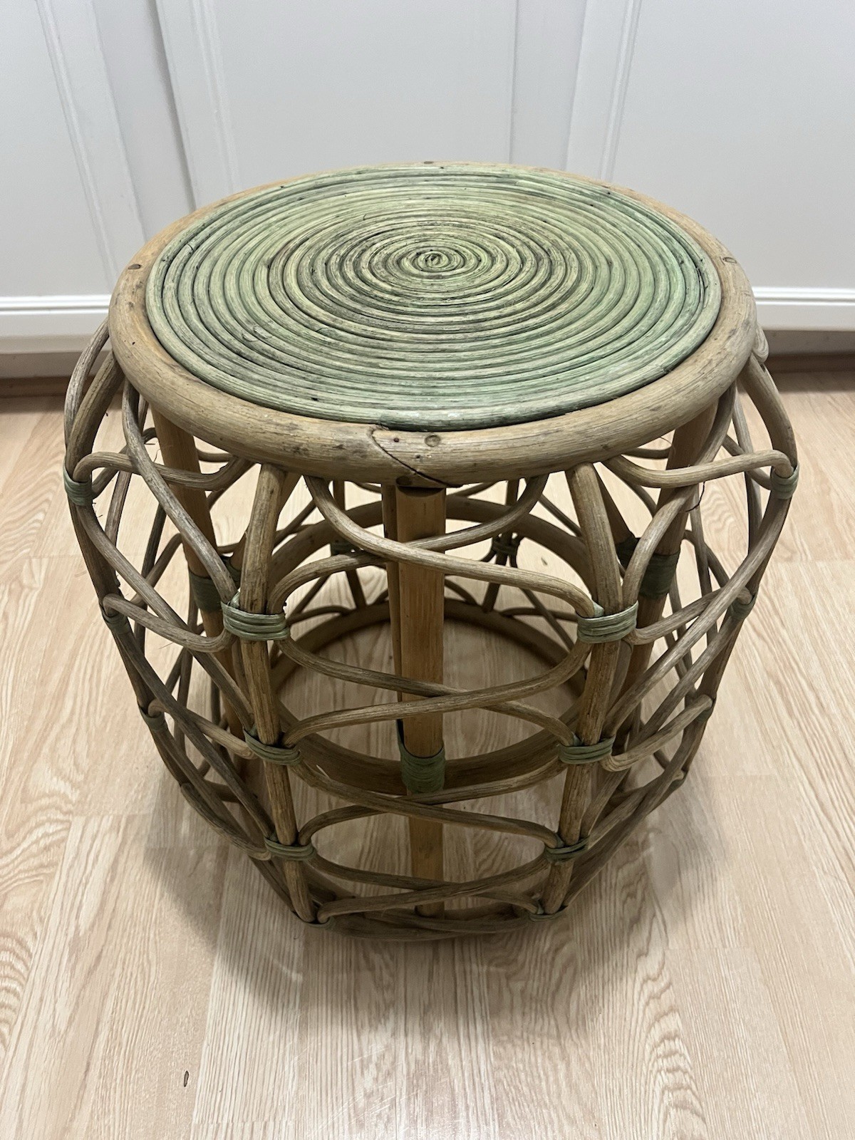 Vintage Rattan Bamboo Side Table Plant Stand Coiled Top Accent Boho Chic MCM
