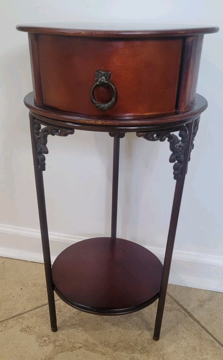 Vintage Wrought Iron & Wood Pedestal Drum Table Plant Stand Regency Ornate