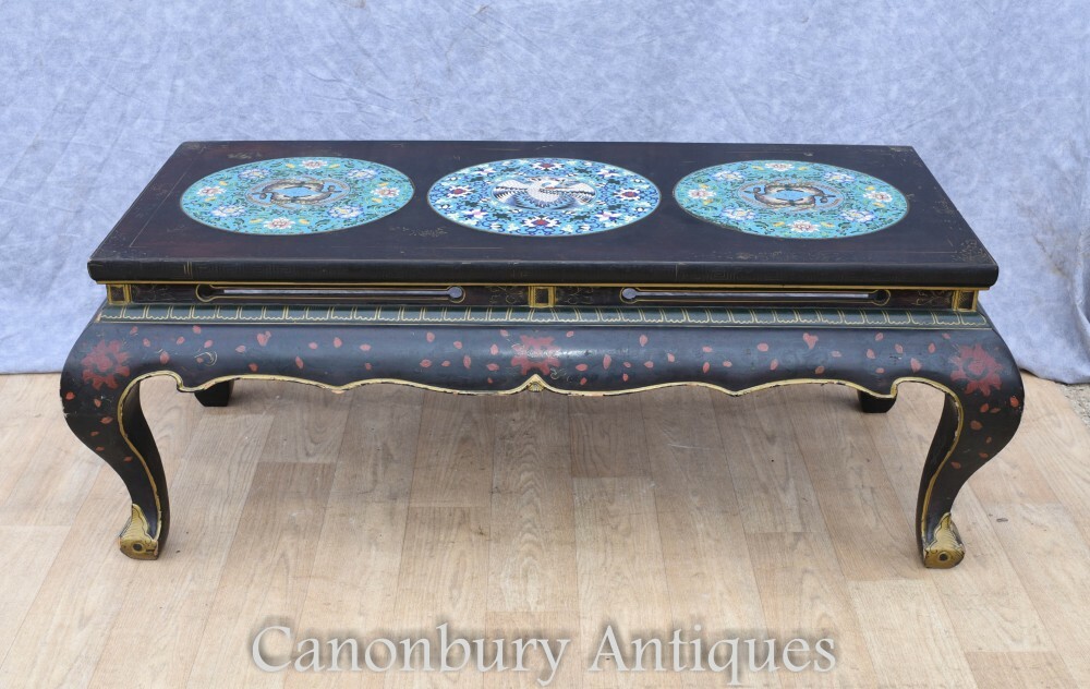Chinese Lacquer Coffee Table – Cloisonne Porcelain Plaques