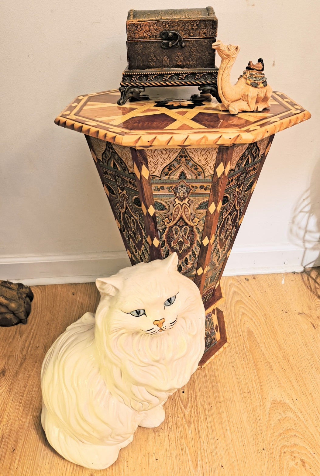 Unique Moroccan Wood Side Table – Hand-Carved Artisan Geometric Design 23″x17″