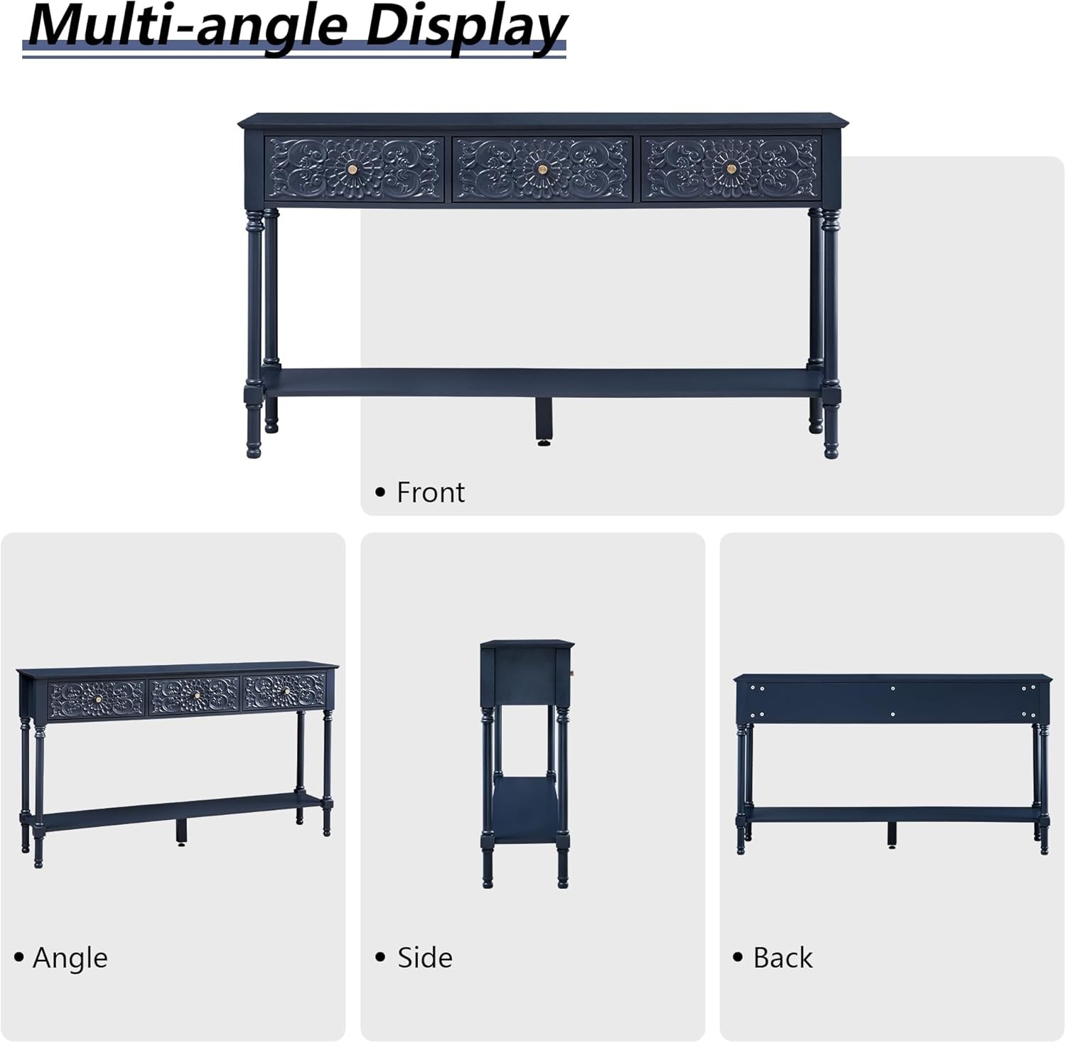 55.5″ Carved Console Table with 3 Drawers, 2-Tier Sofa Table with Glossy Floral