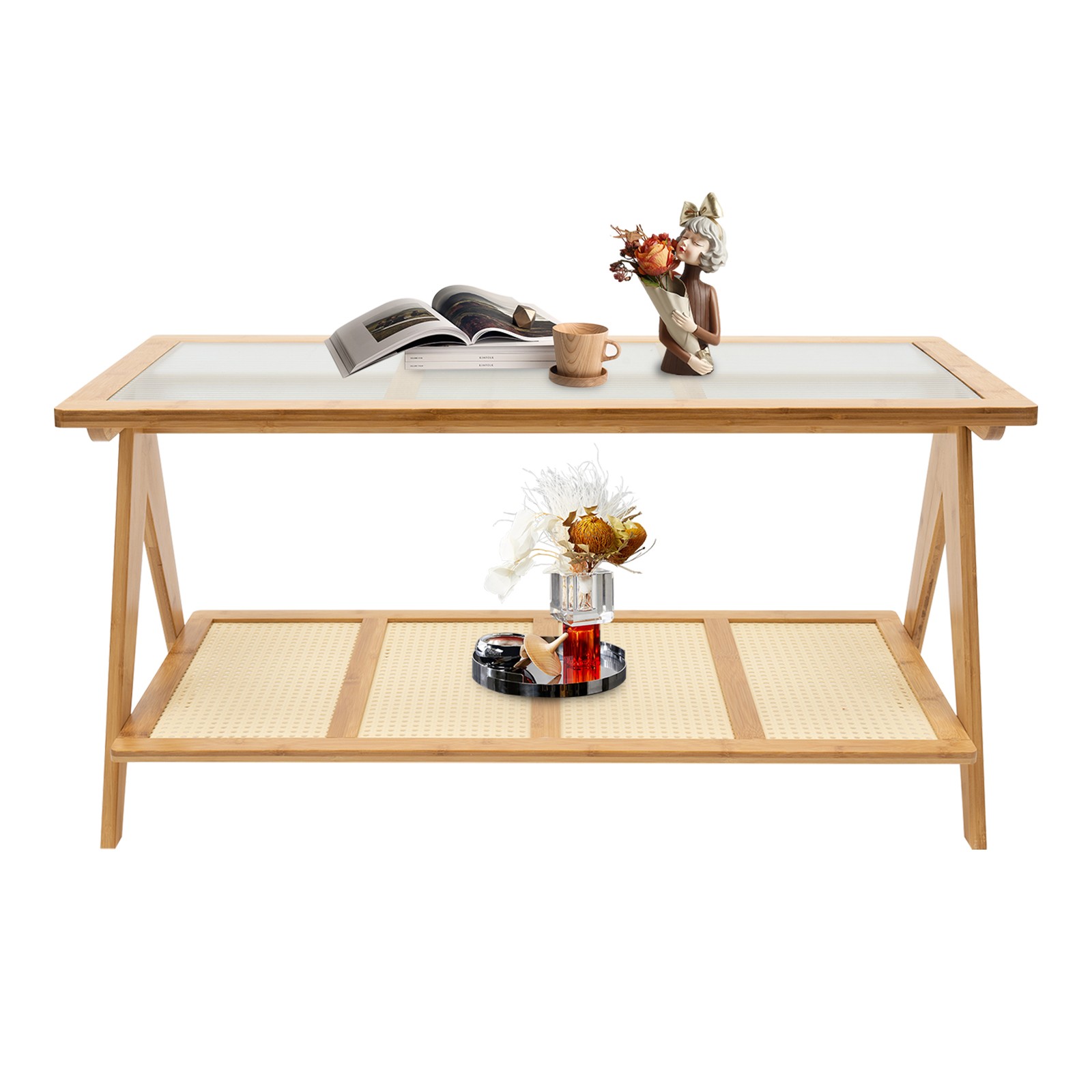 Living Room Coffee Table Glass Tabletop Modern Side Table with Lower Shelf Home