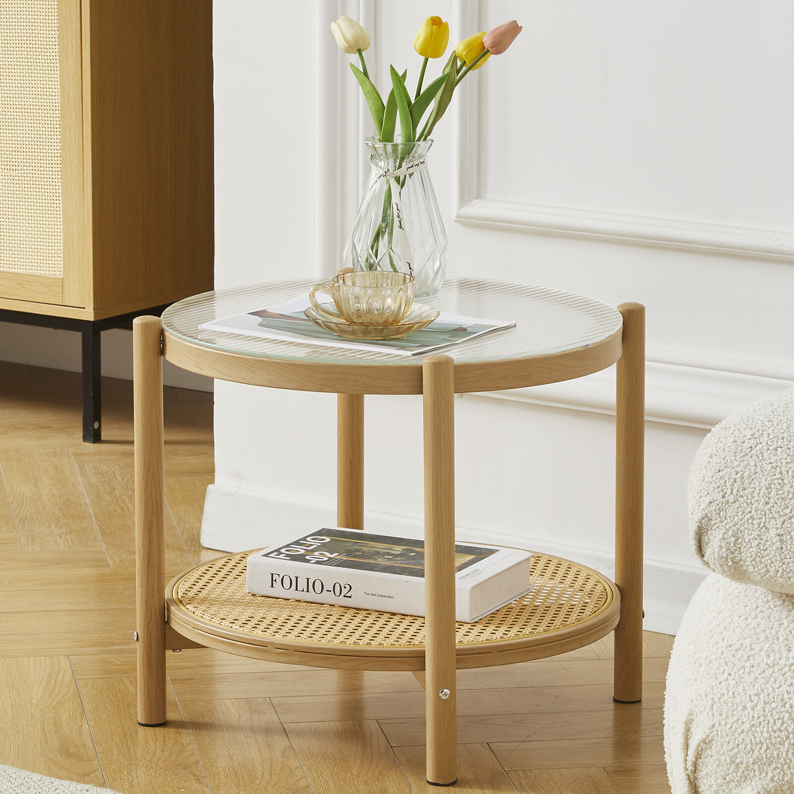 Modern Round Rattan Glass Metal Coffee Table Small 2-Tier End Table Living Room