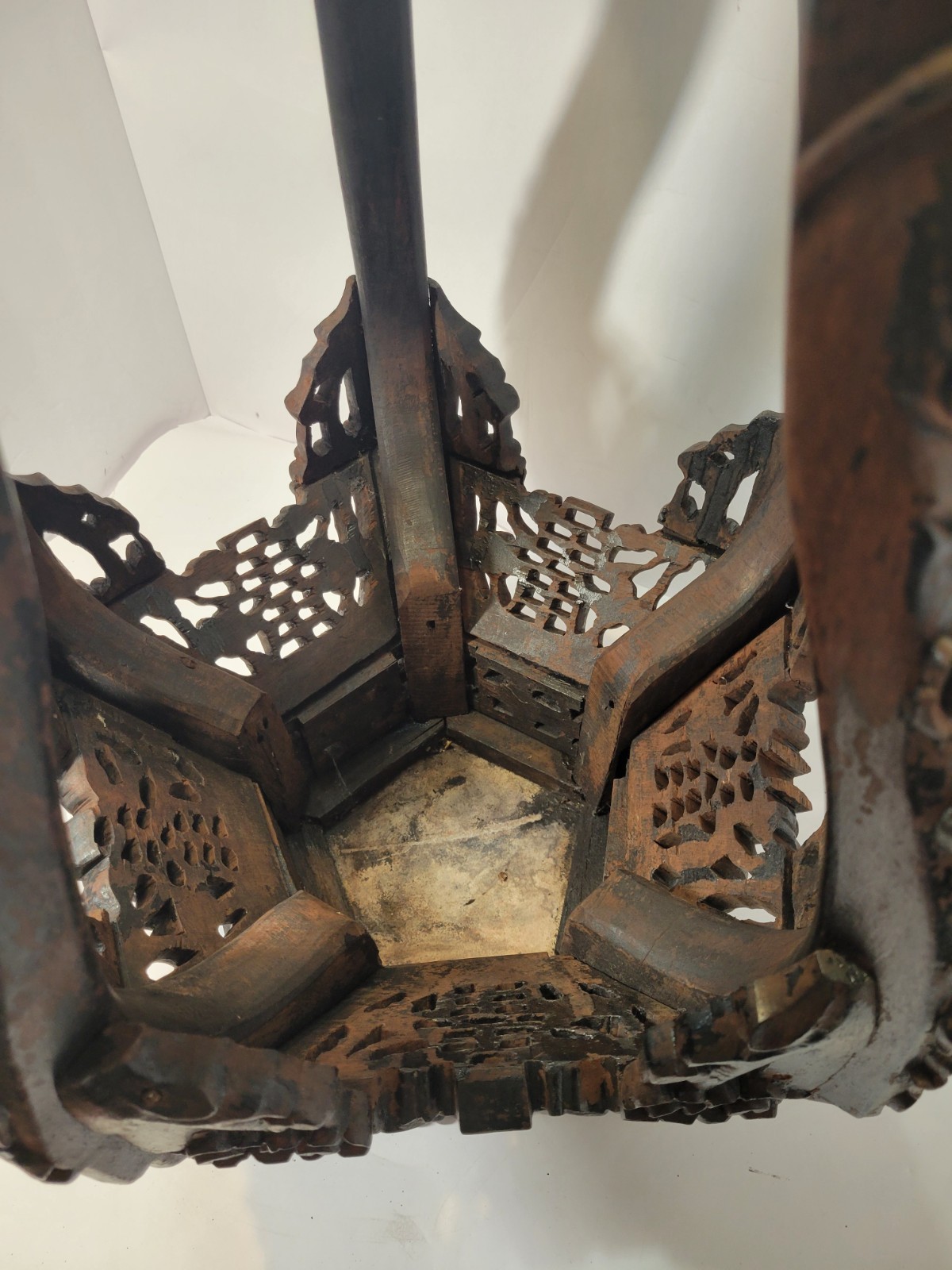 Dark Brown Wood Asian Carved Floral Hexagonal Pedestal Accent Table 14″ H