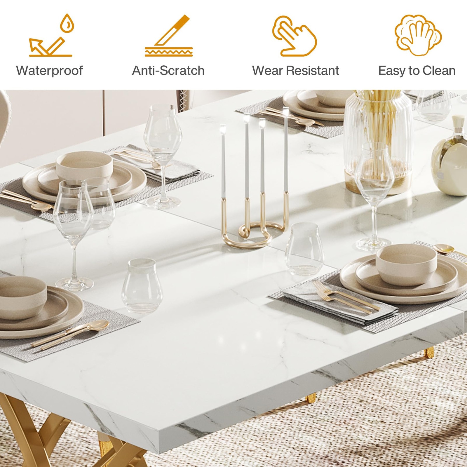 Modern Dining Table, 63″ Large Kitchen Table for 4-6 People, Unique Rectangul…