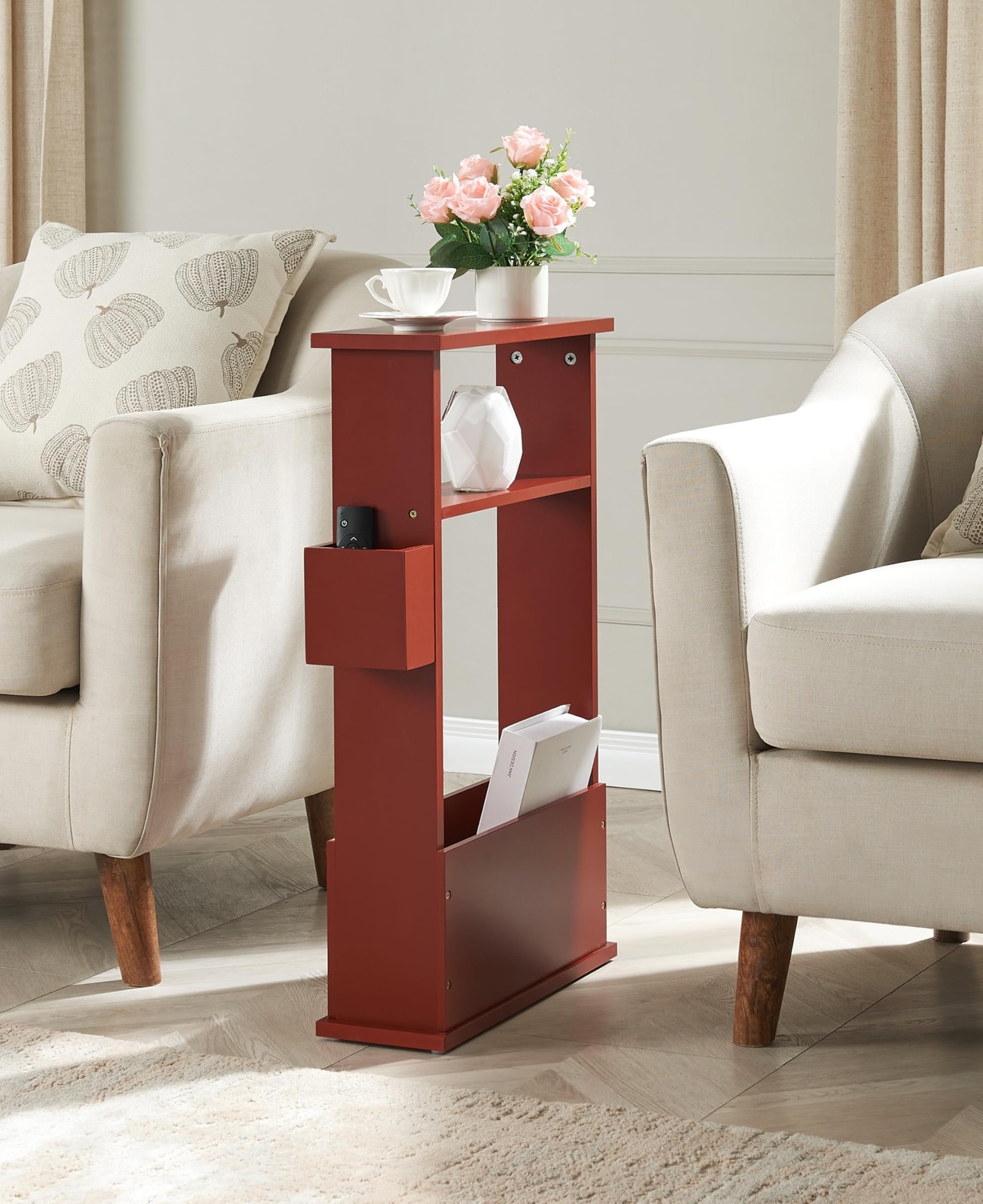 Kings Brand Narrow Side End Table with Storage, Magazine & Remote Holder, Red